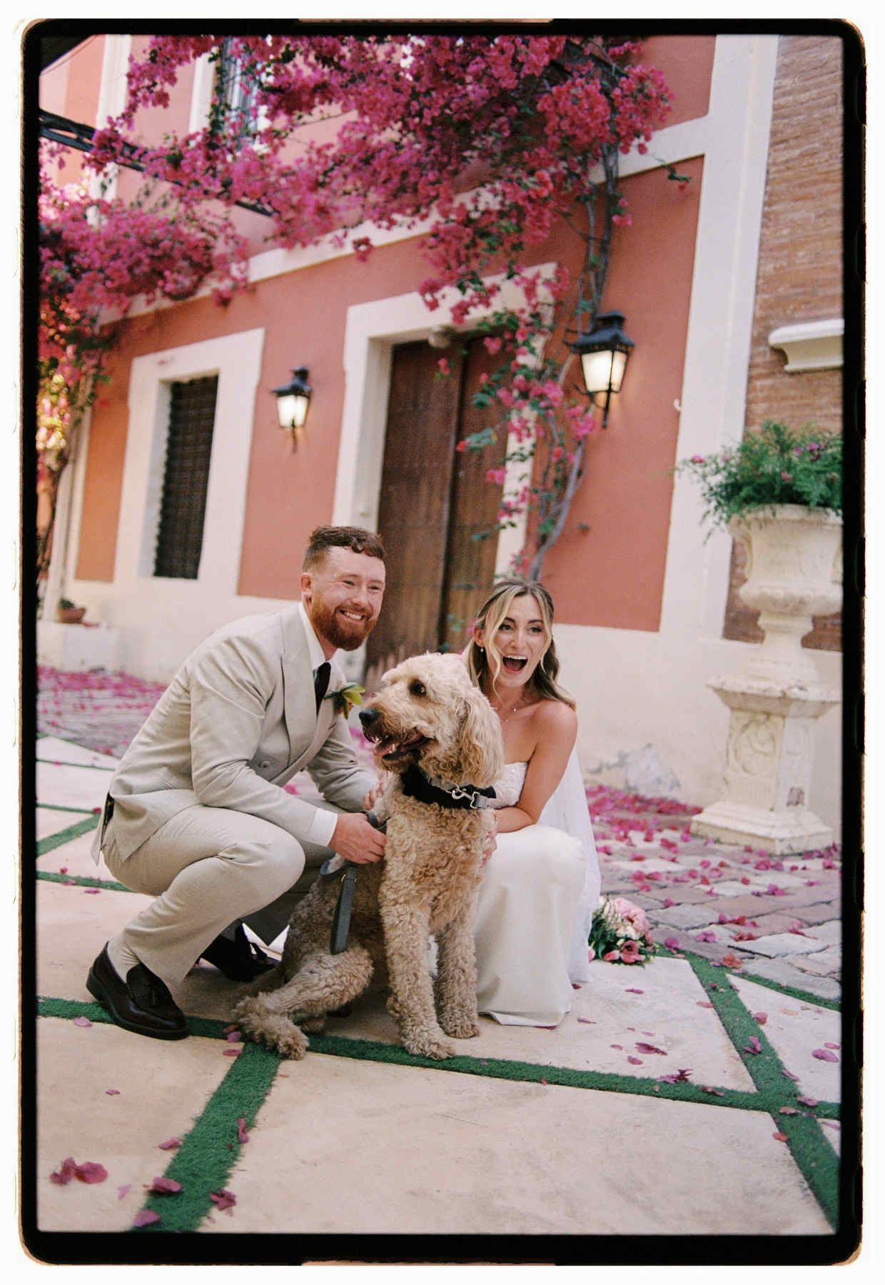 Bride and groom laughing with their dog, captured by a film wedding photographer at Villa Delia.