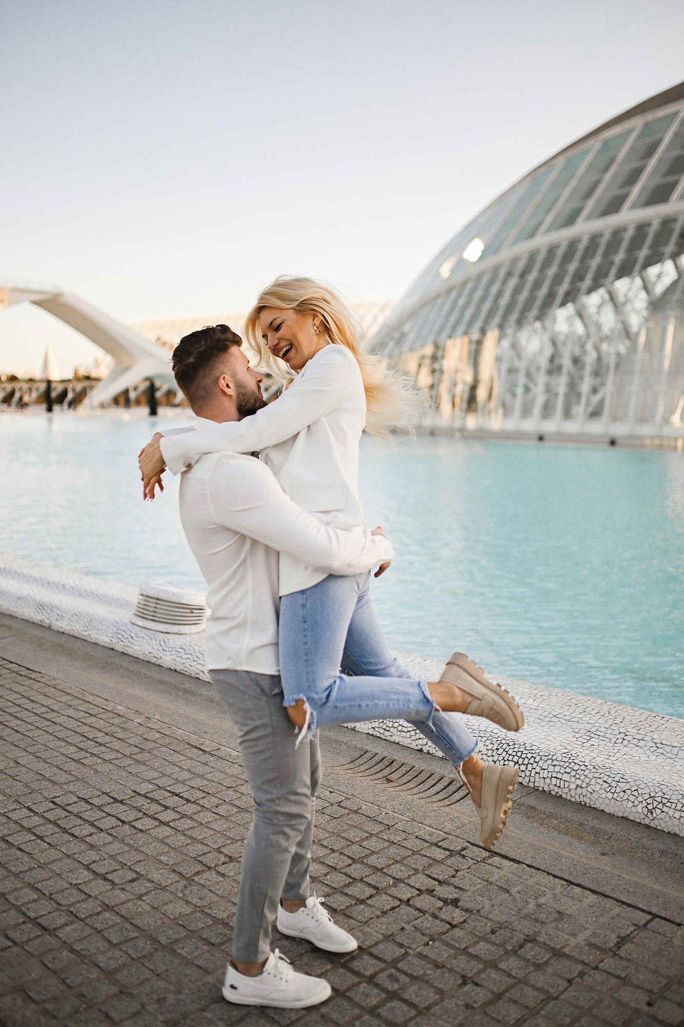 Destination wedding photographer capturing a pre-wedding walk at the City of Arts and Sciences