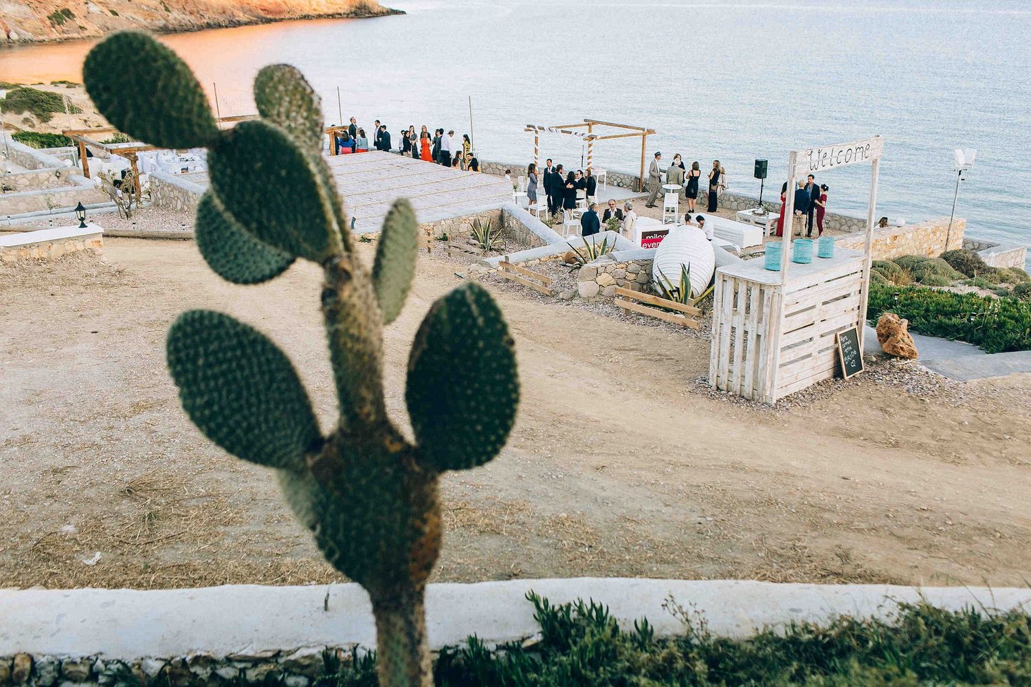 Authentic atmosphere of a private Milos villa with Mediterranean cacti and white-washed walls