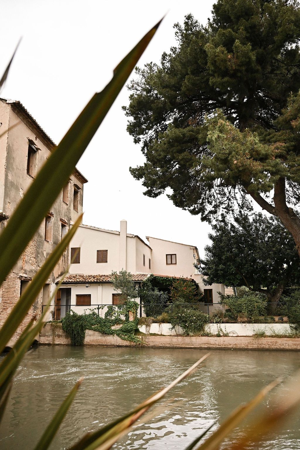Scenic wide shot of Finca del Canónigo villa featuring the flowing river and lush green ivy on the historic stone walls in Valencia.