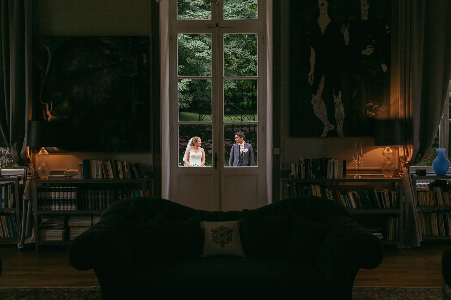 Classic architecture inside Château de Changy. Fashion-forward wedding details in a historic Parisian estate