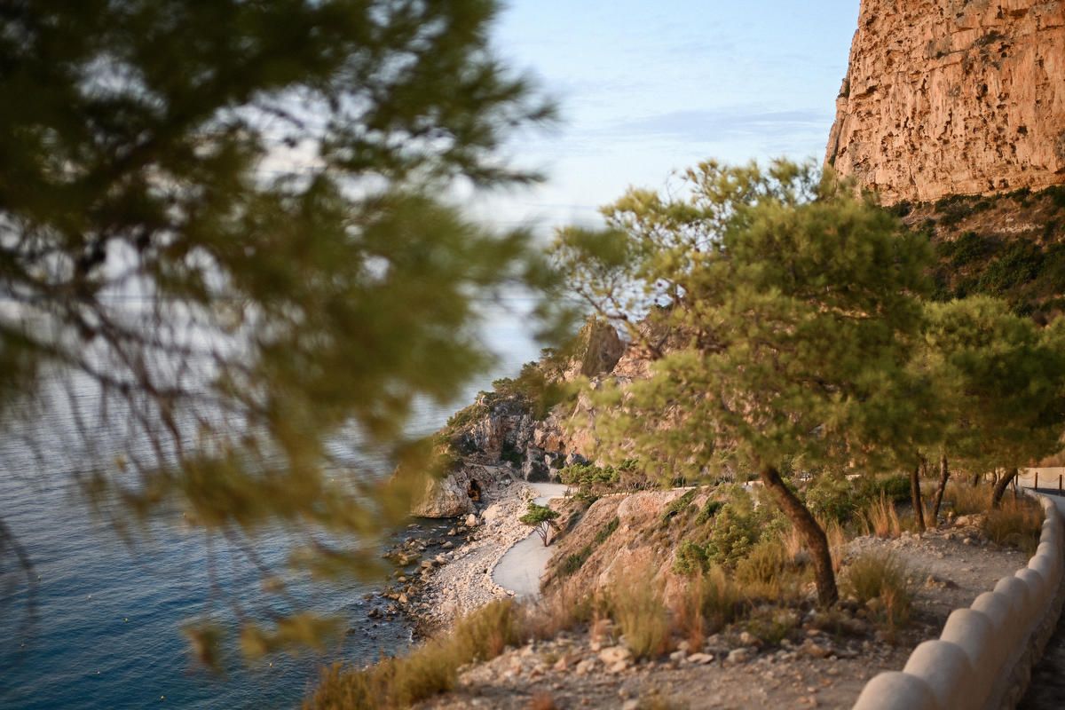 View of Cala del Moraig from the path above, with pine trees, the pebble shore and the tall limestone cliff in warm evening light.