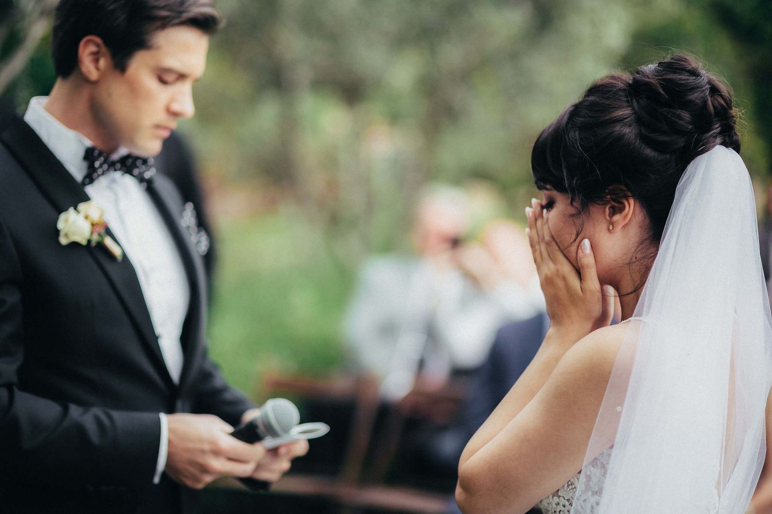 The bride moved to tears during the ceremony. Cinematic wedding storytelling focused on genuine moments and emotional vulnerability