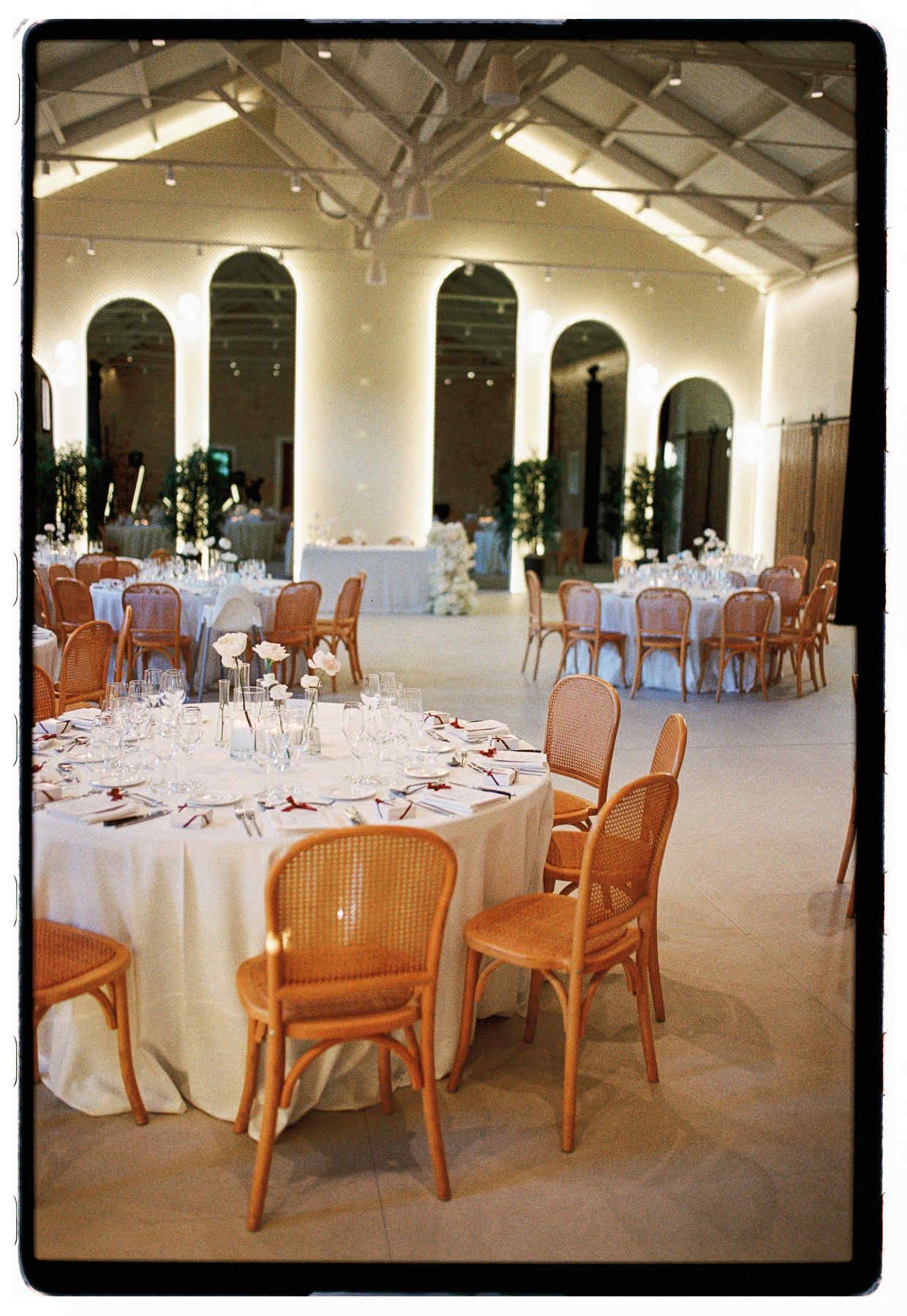 Wedding reception decor at the villa, captured on Kodak Portra film showing rich, atmospheric colors.