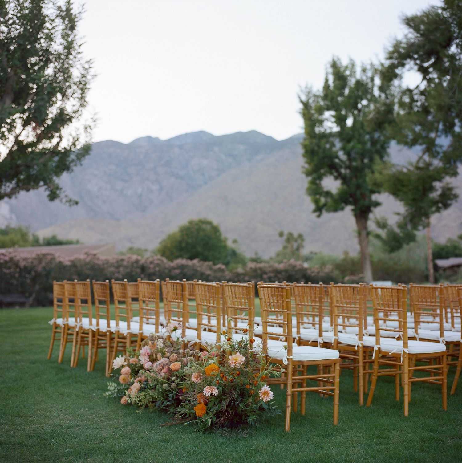 Rows of wooden chairs set up for outdoor wedding ceremony with mountain backdrop.