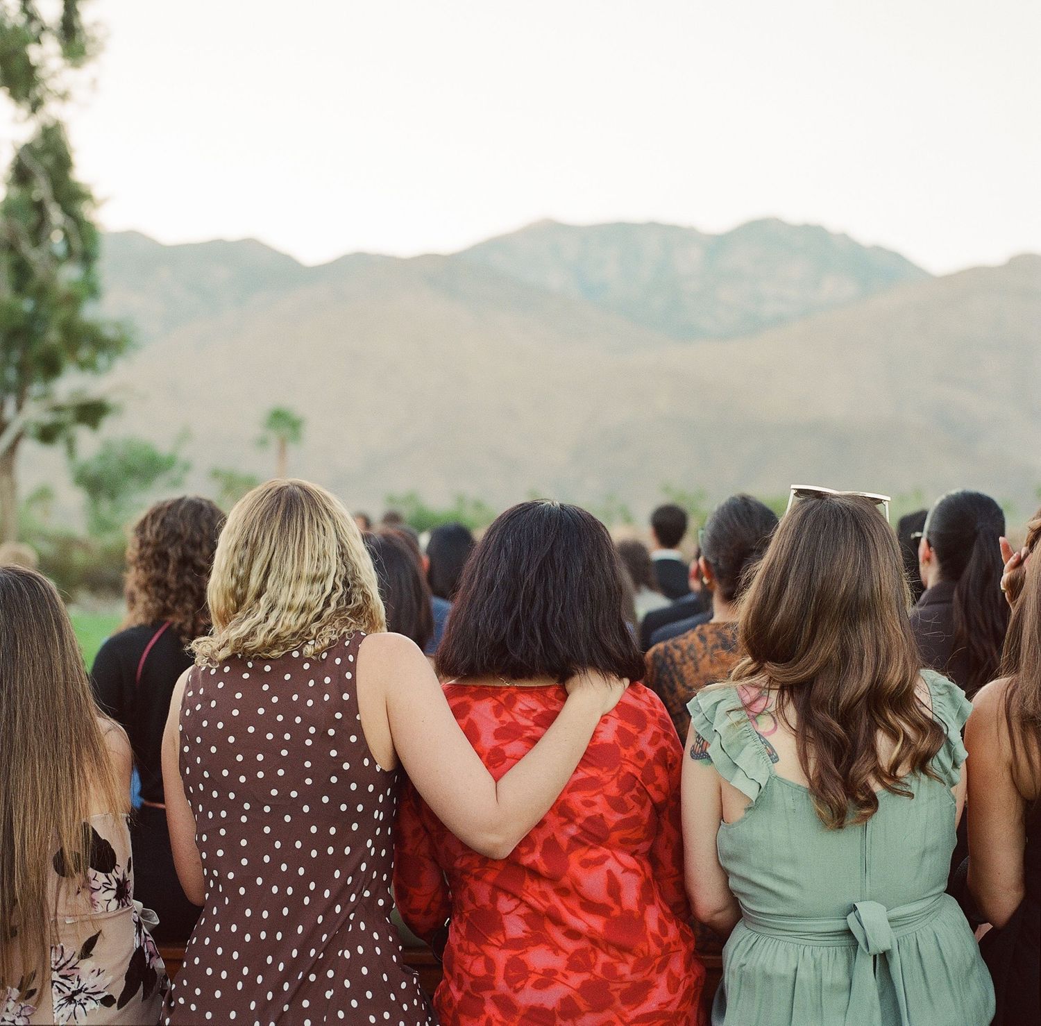 A group of wedding guests in colorful dresses stand together facing mountains in the background.