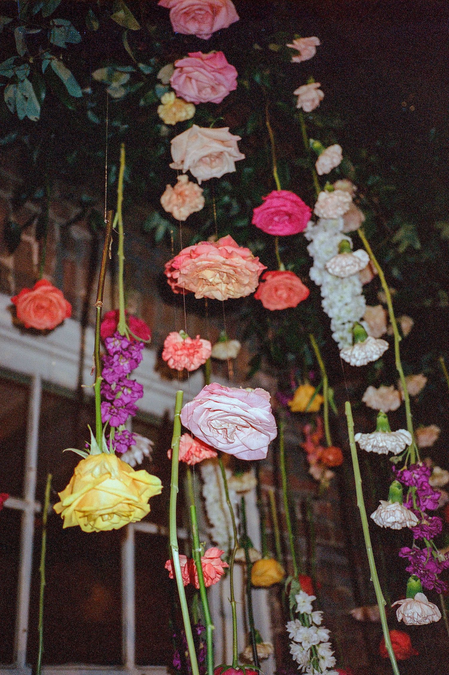 Colorful floral arrangements with roses and orchids hanging from above at wedding reception.
