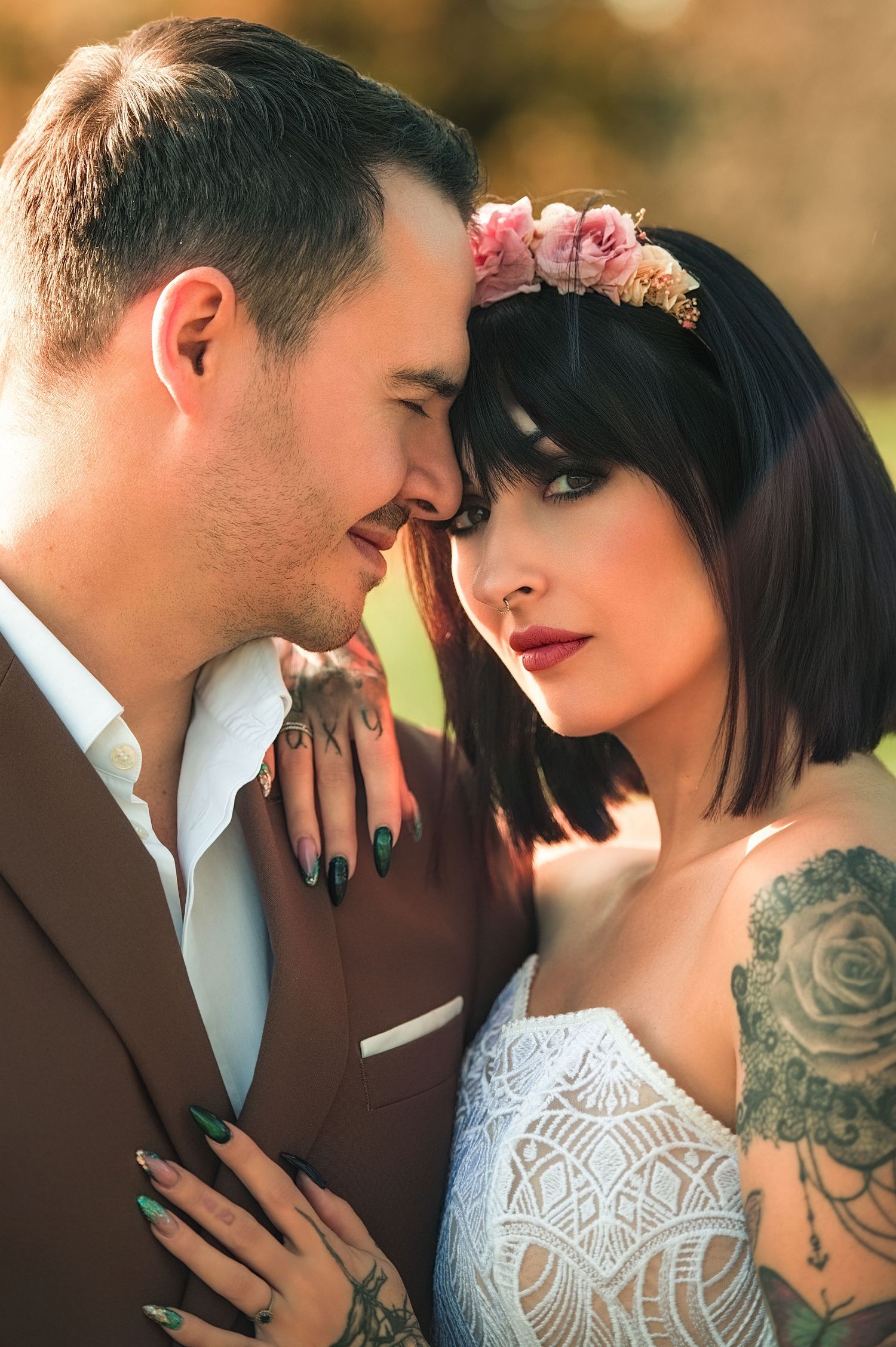 Romantic wedding couple in intimate poses showing bride in lace dress and groom in white shirt across multiple frames.