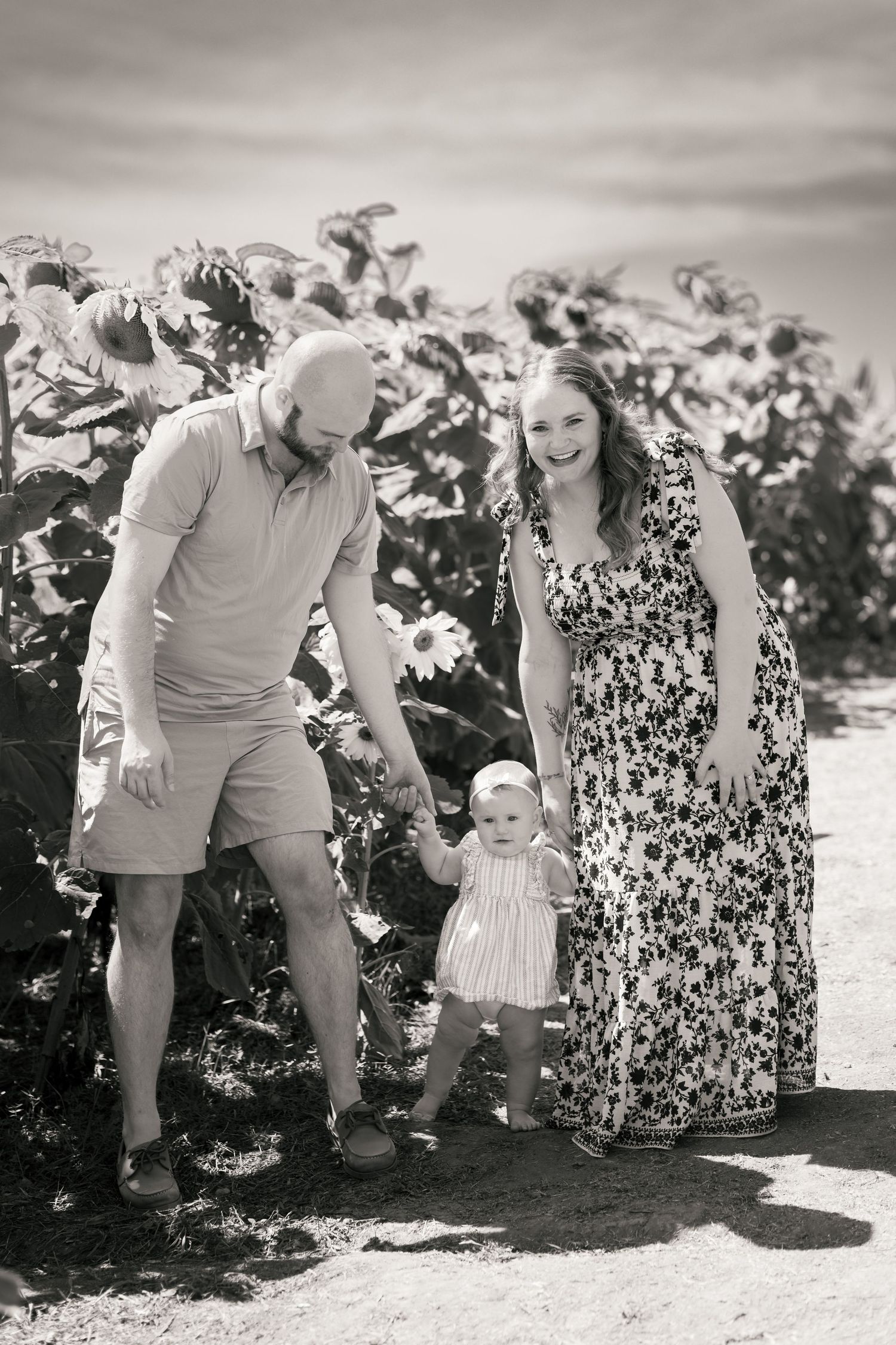 Family with baby girl standing in sunflower field, black and white photo.