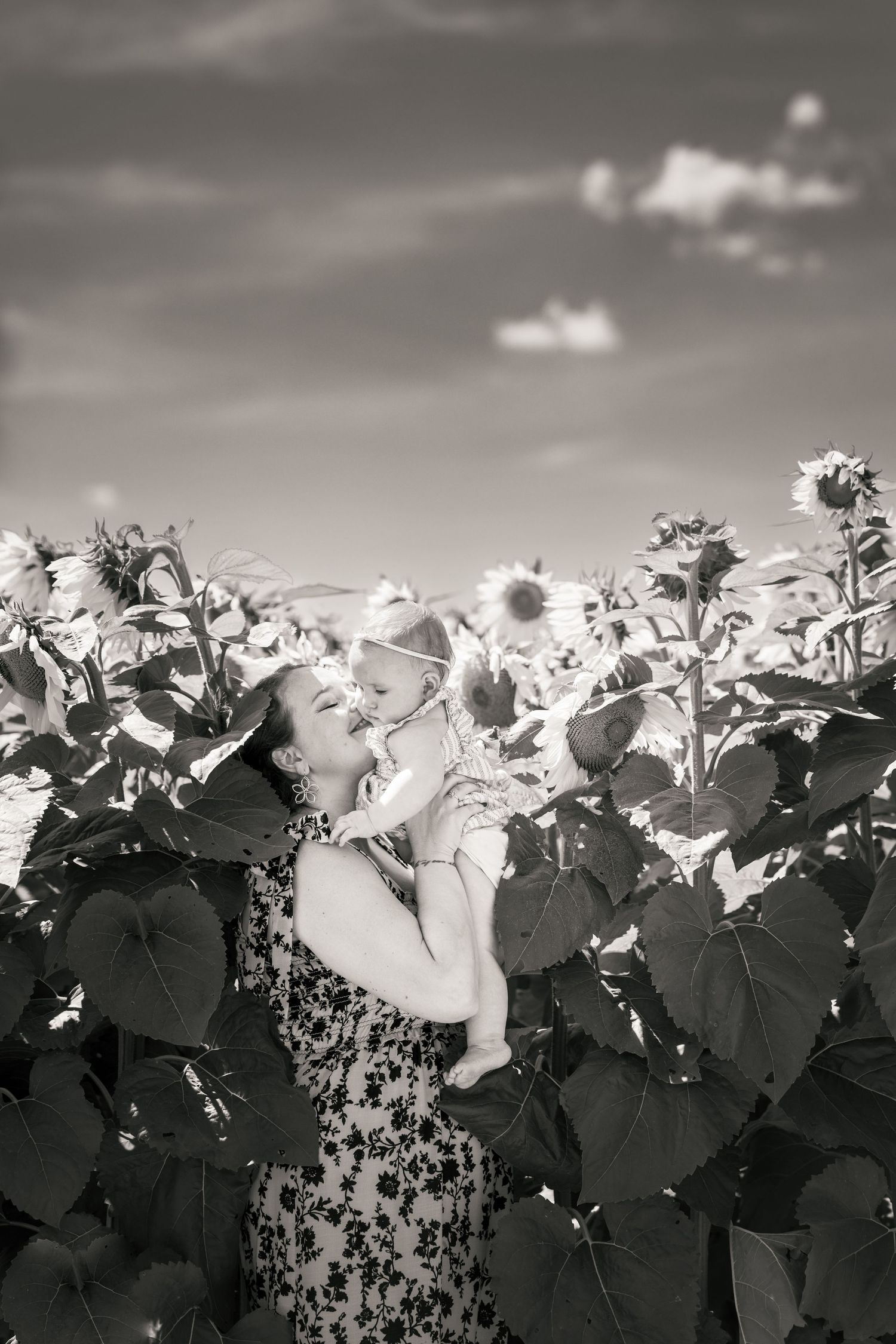 Black and white photo of a mother holding her baby in a sunflower field under a cloudy sky.