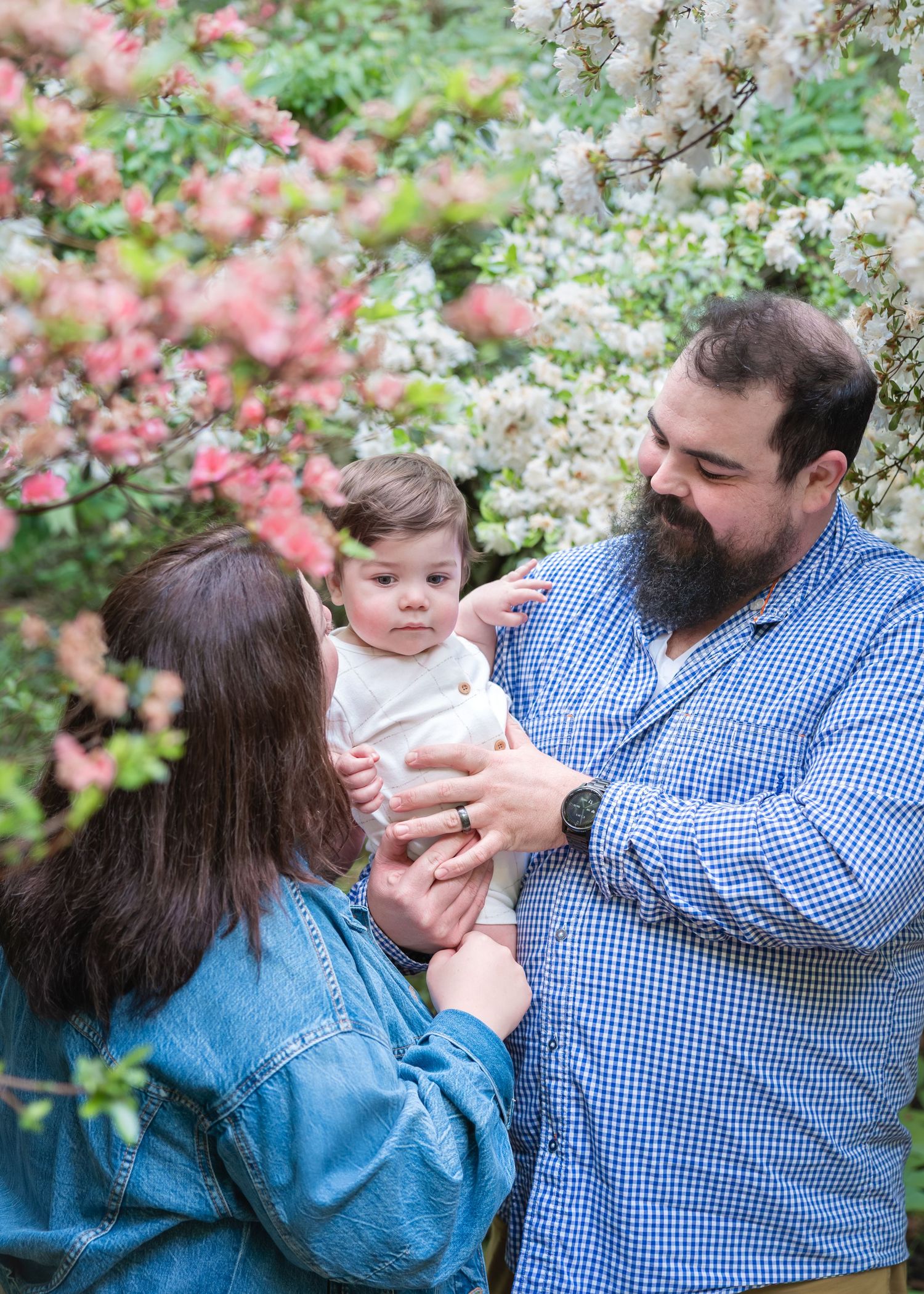 A young family with a bearded father and dark-haired mother holding their baby among spring blossoms. Roanoke, VA