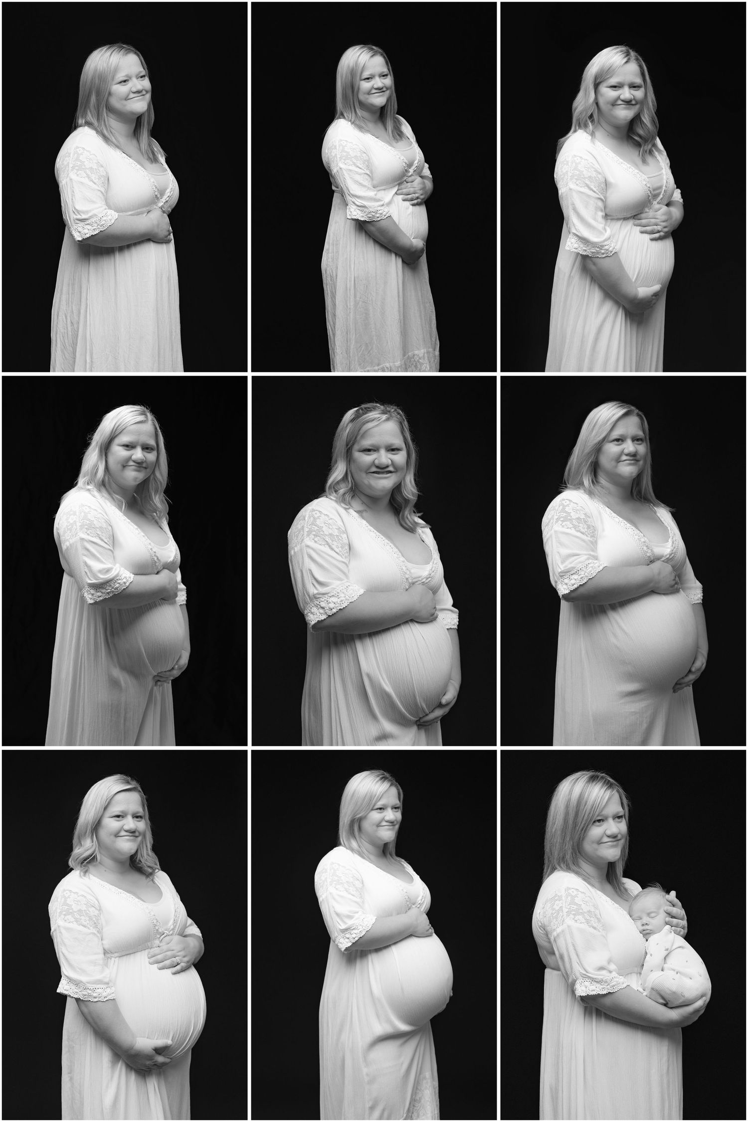 Artistic black and white maternity photoshoot showing progression with nine poses in elegant white dress against dark backdrop.