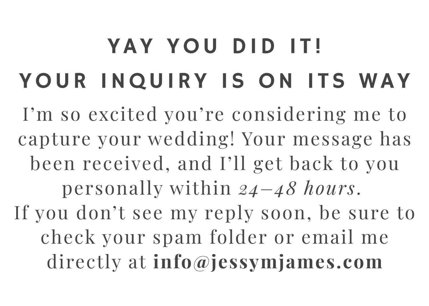 Three email confirmation messages with text about inquiries and wedding photography services appear side by side.