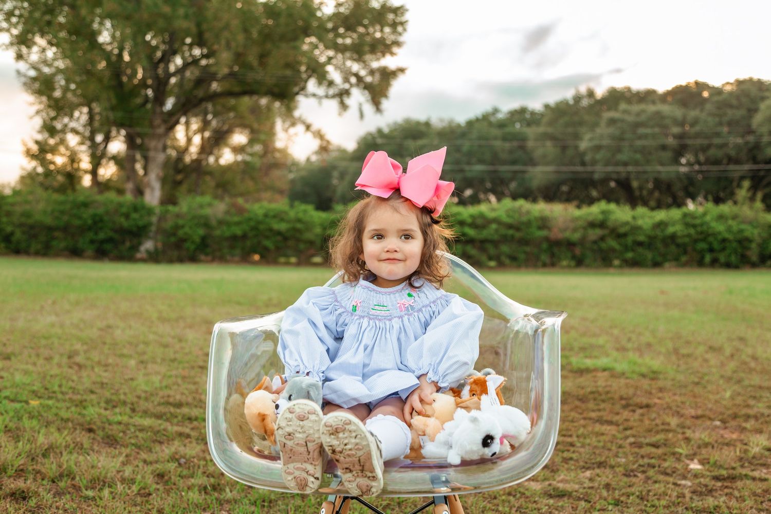 A child sits in a clear acrylic chair with stuffed animals on a grassy lawn at sunset.