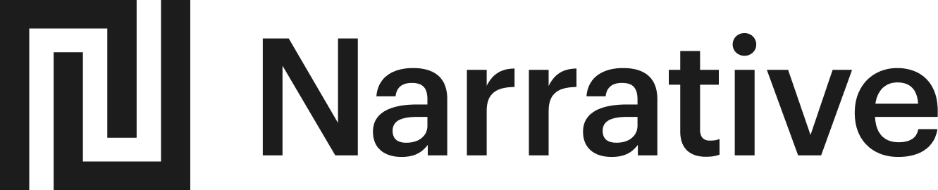 A black and white minimalist logo design featuring the word 'Narrative' with a geometric square pattern element.