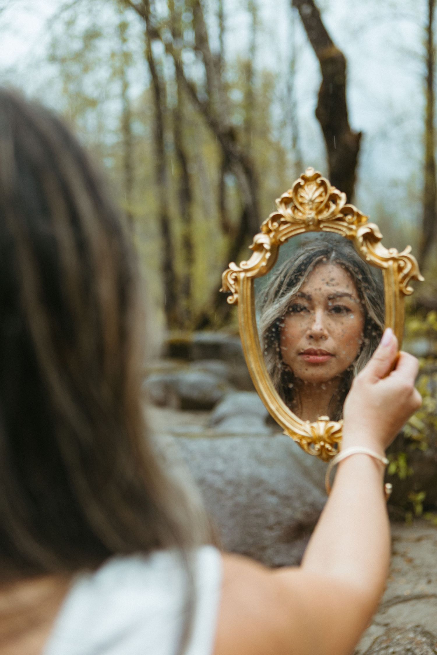 A vintage ornate gold mirror held up in a forest reflects a reflection through misty atmospheric conditions.