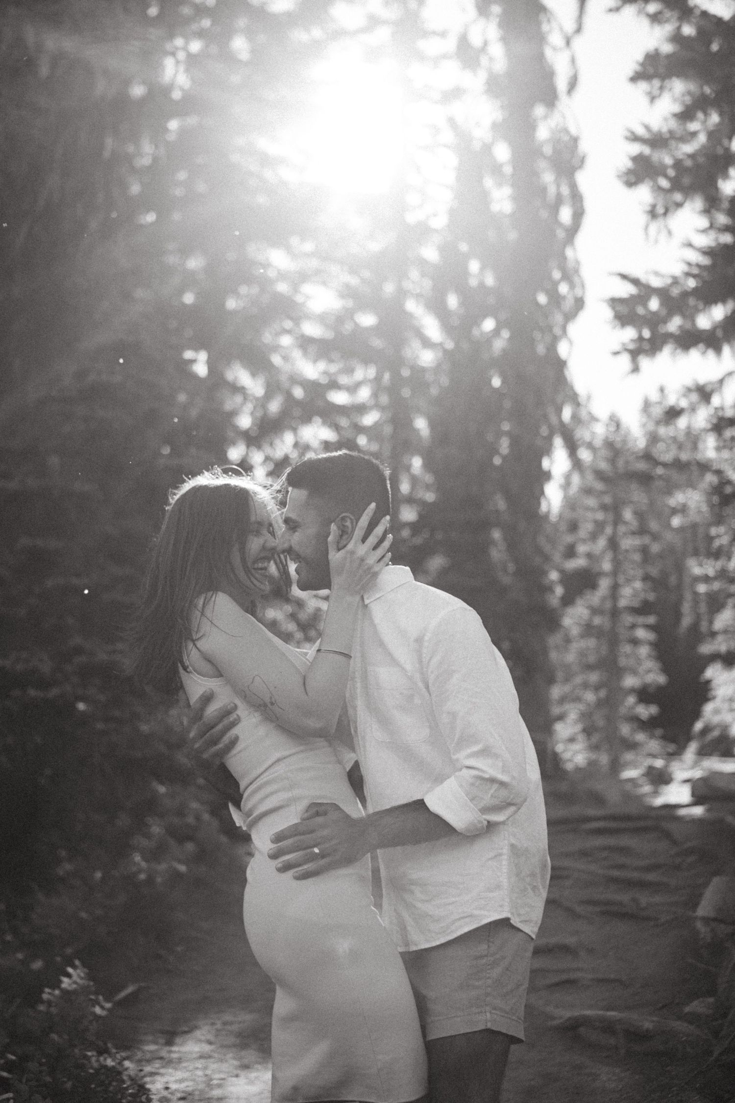 Maternity photoshoot in a forest with sunbeams filtering through tall evergreen trees.