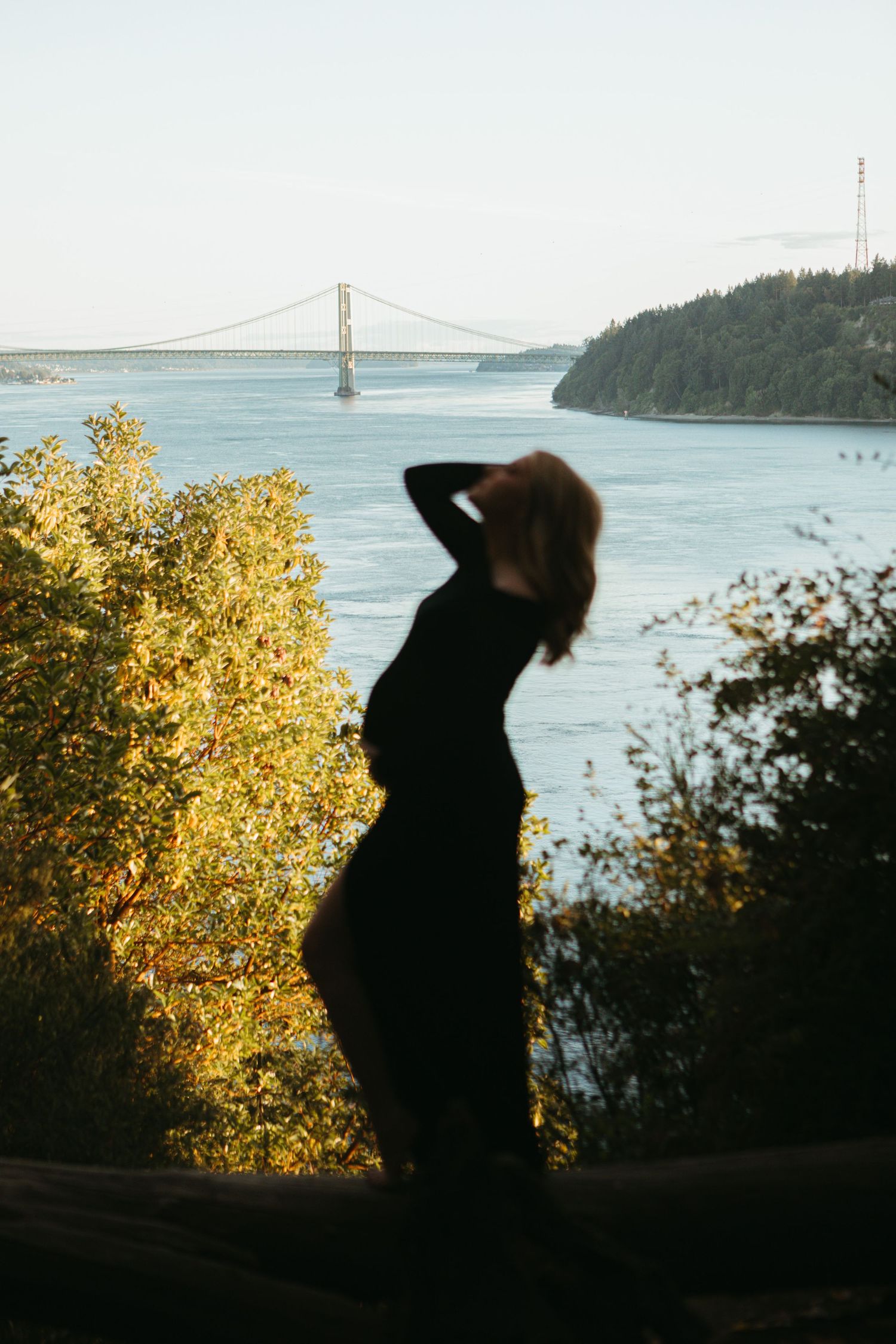 Silhouetted figure stands against golden autumn foliage and bridge vista over water in scenic landscape view.