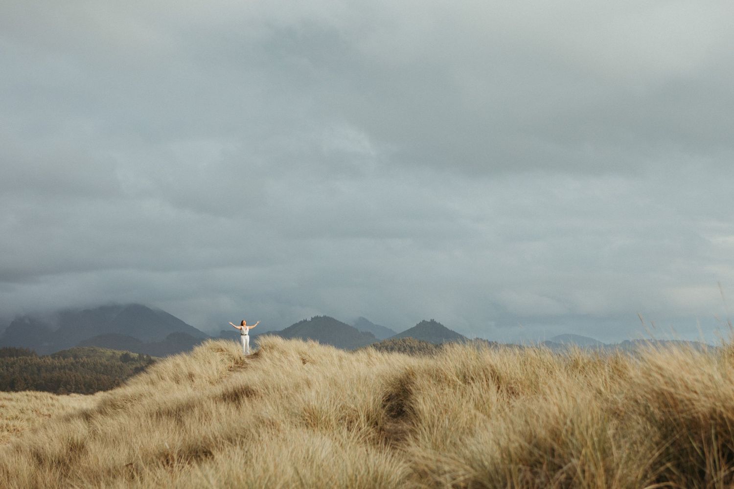Distant figure standing on a grassy hilltop overlooking mountains under moody overcast skies.