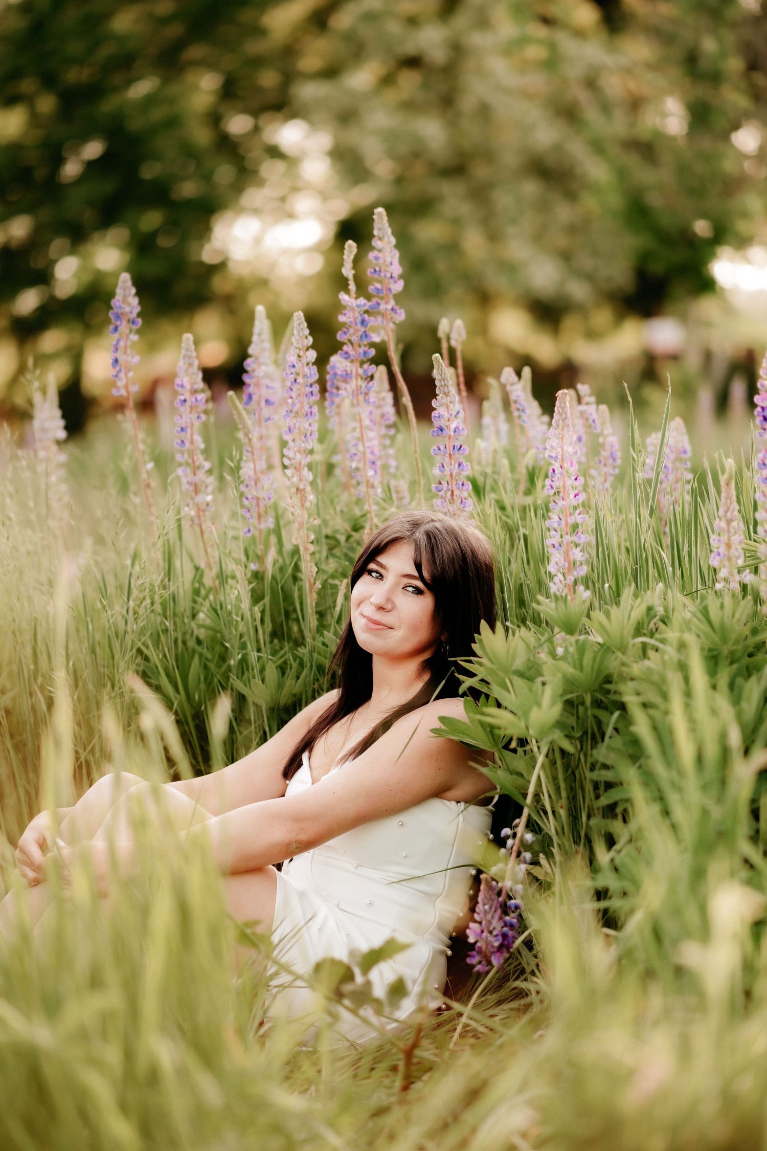 Young woman in white dress sitting among purple lupine flowers in a sunlit garden field for her senior photo session in Puyallup, Wa.