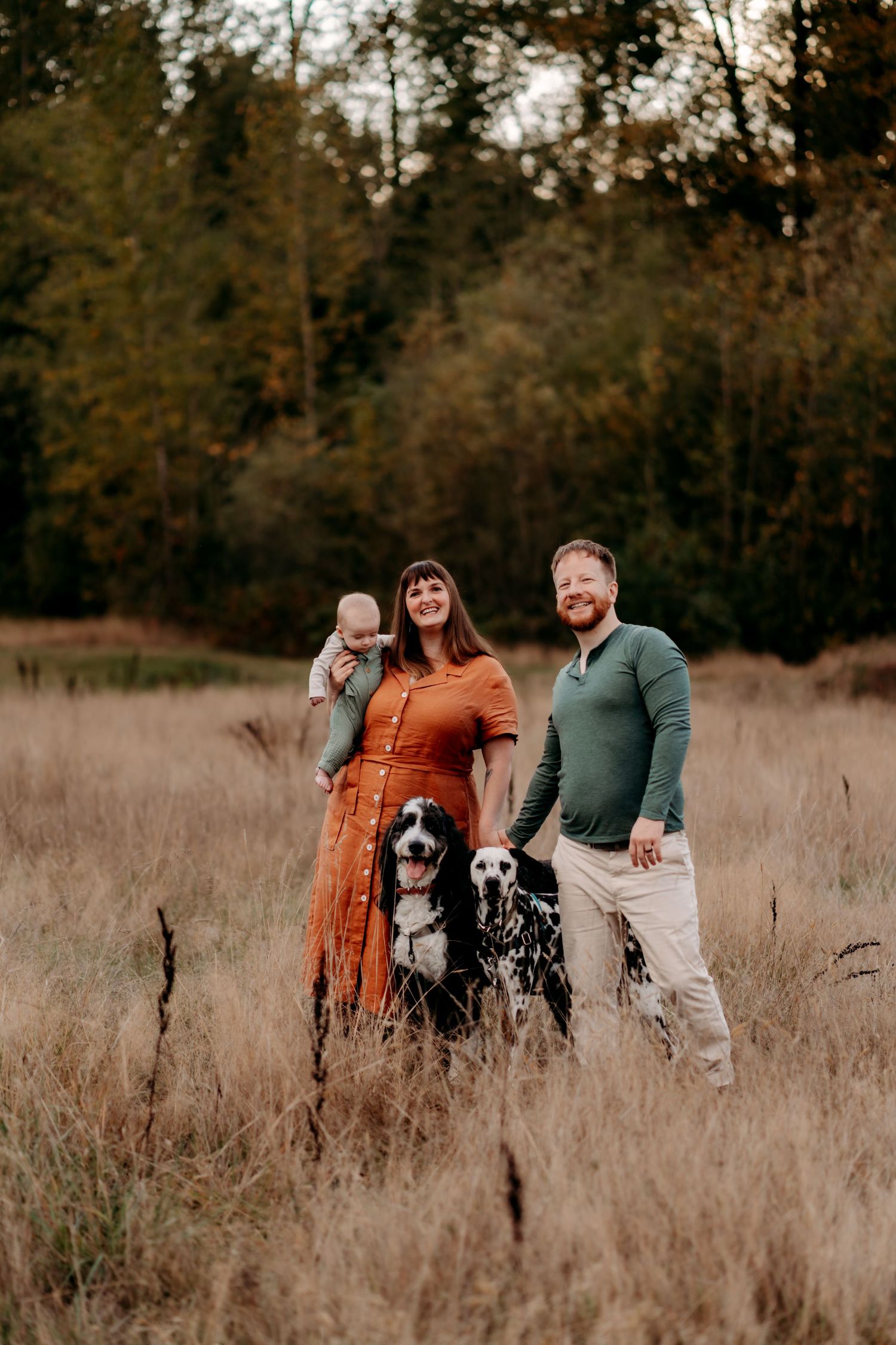 Family portrait in autumn field with two dogs, woman in rust dress holding baby, man in green shirt.