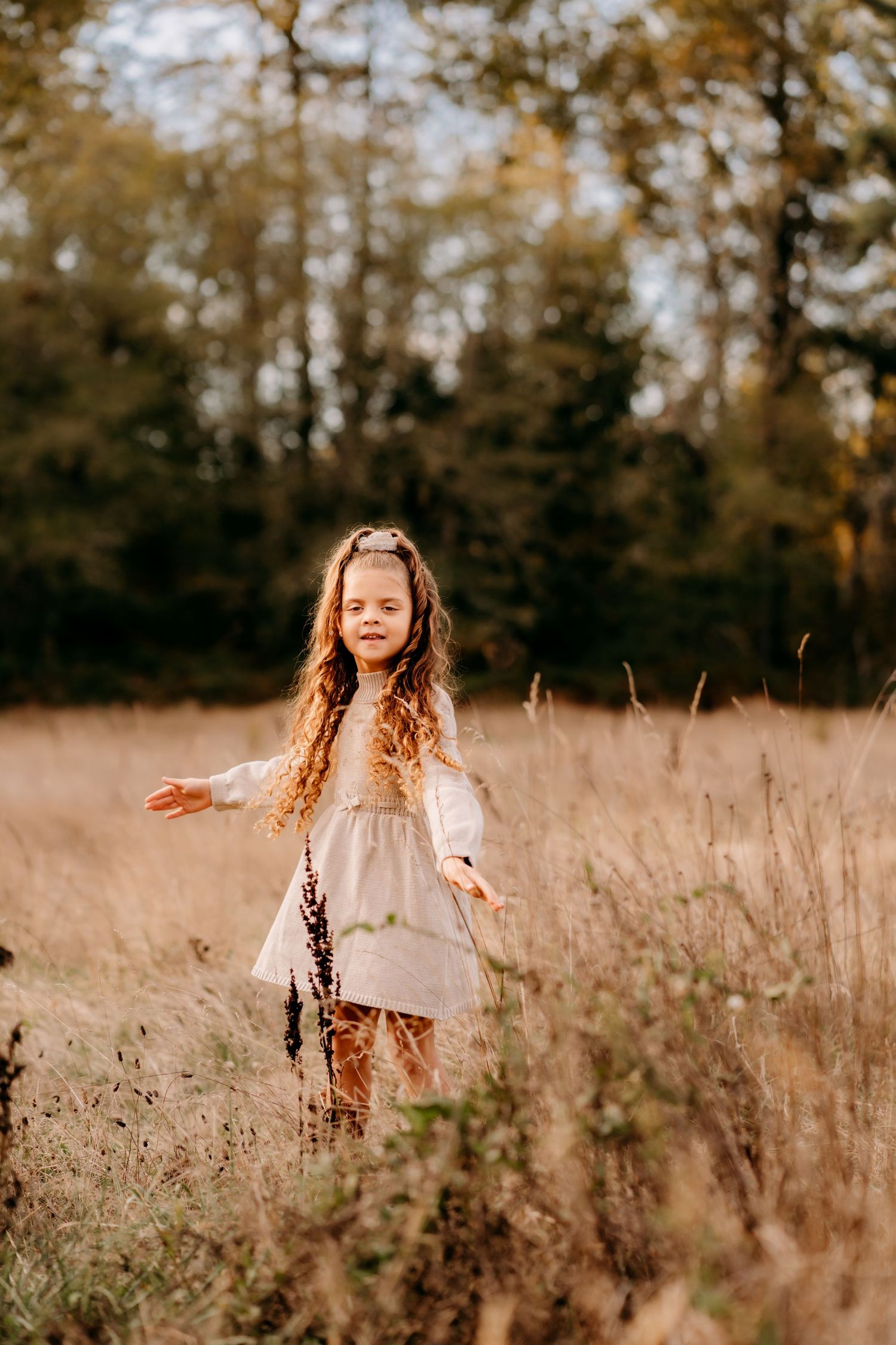 A young girl with curly hair in a white dress walks through a golden field with autumn trees in the background during fall photos in Tacoma.