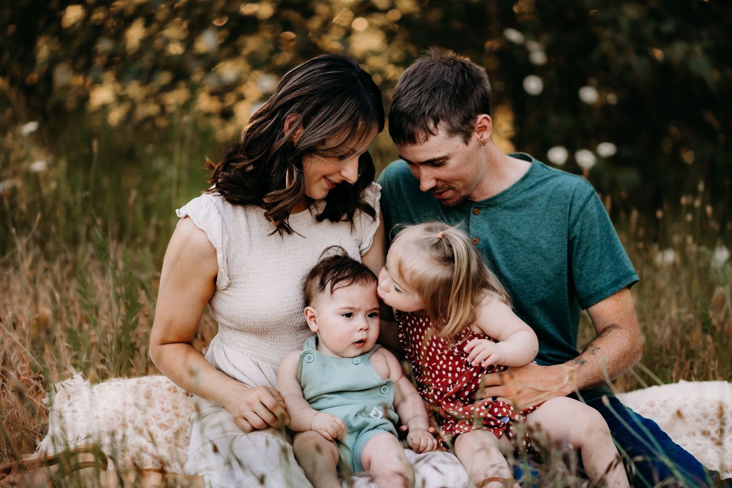 A happy family of four sits outdoors in a sunny field, with parents lovingly watching their two young children interact during family photos