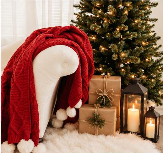 Cozy Christmas scene with red knit throw on white chair, wrapped gifts, lit candles, and decorated tree with warm lights. Studio Christmas