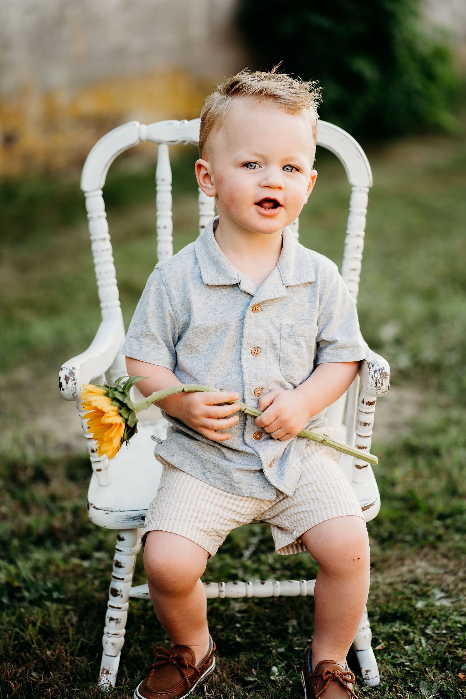 Toddler boy in gray shirt and tan shorts sitting on white chair holding yellow sunflower outdoors.