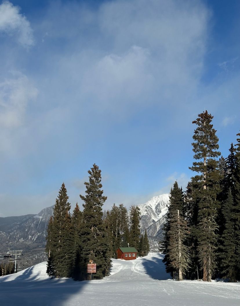 Snow-covered ski slope with tall pine trees and red lodge building against a mountain backdrop.