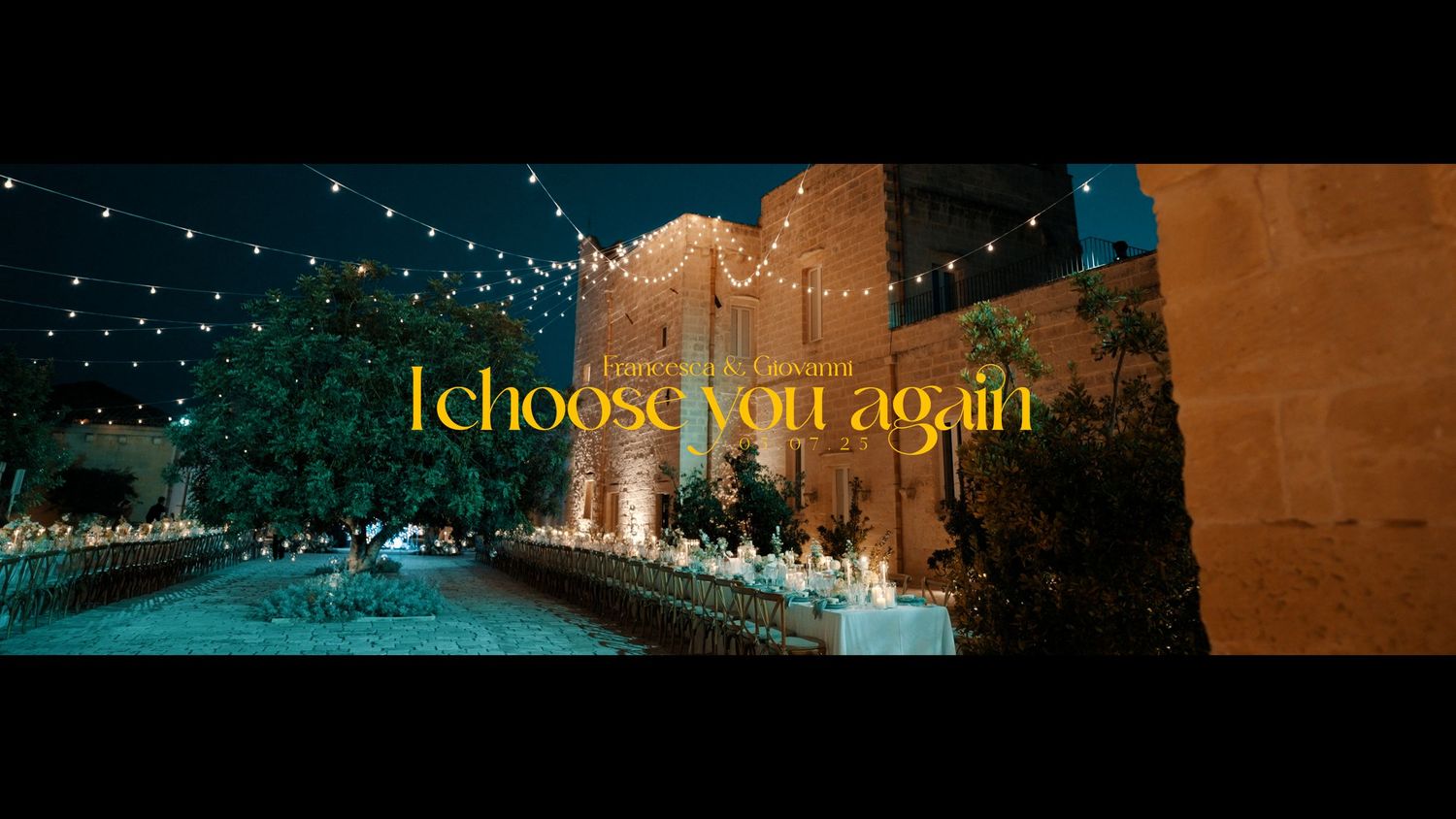 Romantic outdoor wedding reception at night with string lights and text overlay reading I choose you again.
