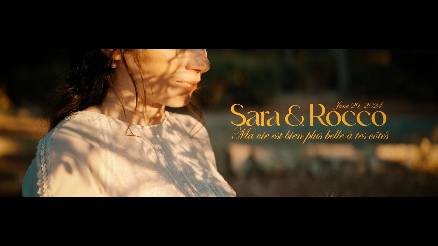 A series of five connected film stills showing a couple in romantic moments against various outdoor and indoor settings.