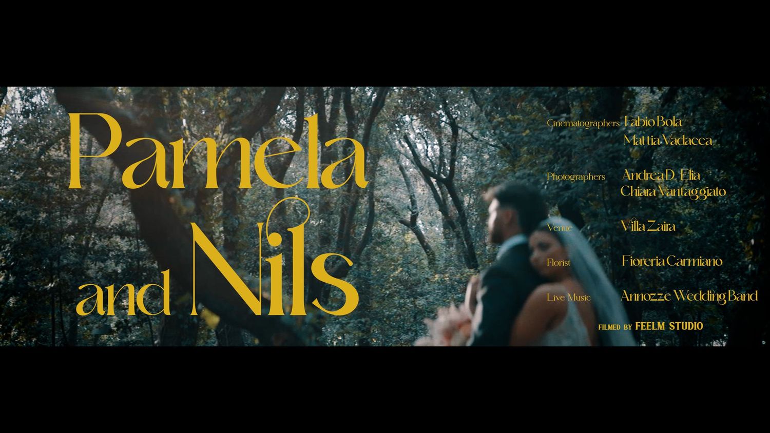 A series of film stills showing dark atmospheric scenes with text overlays from what appears to be a movie titled Pamela and Nils.