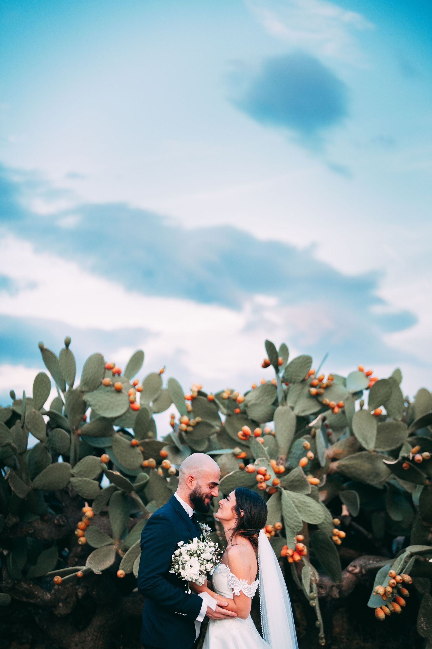 Bride and groom sharing a romantic kiss in front of prickly pear cactus under a blue sky.