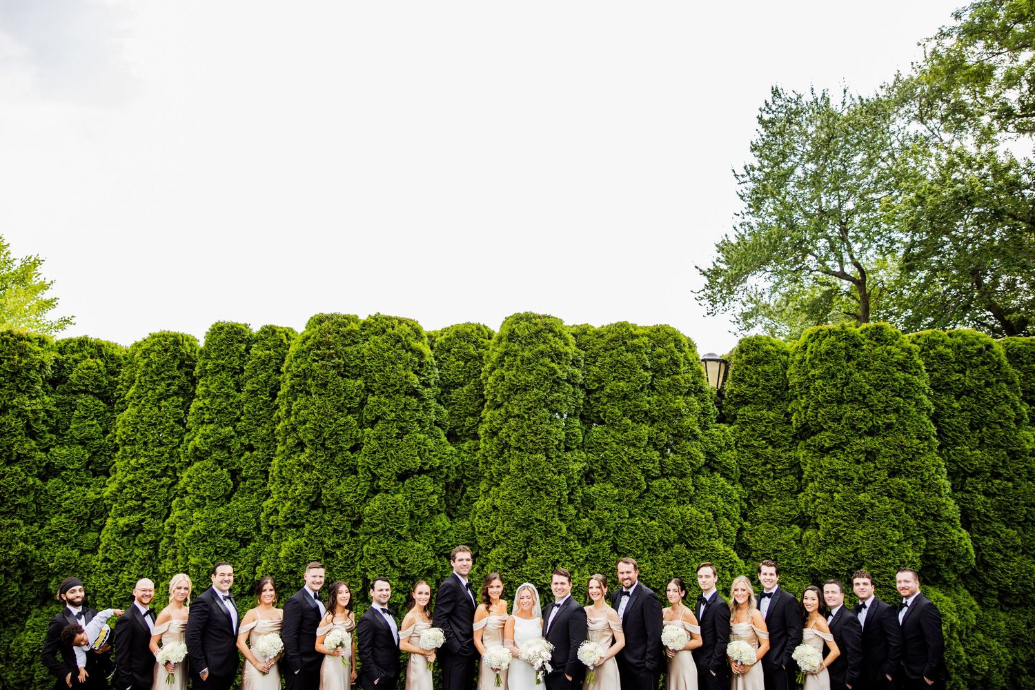 Wedding party lined up for formal photos against a backdrop of manicured evergreen trees.