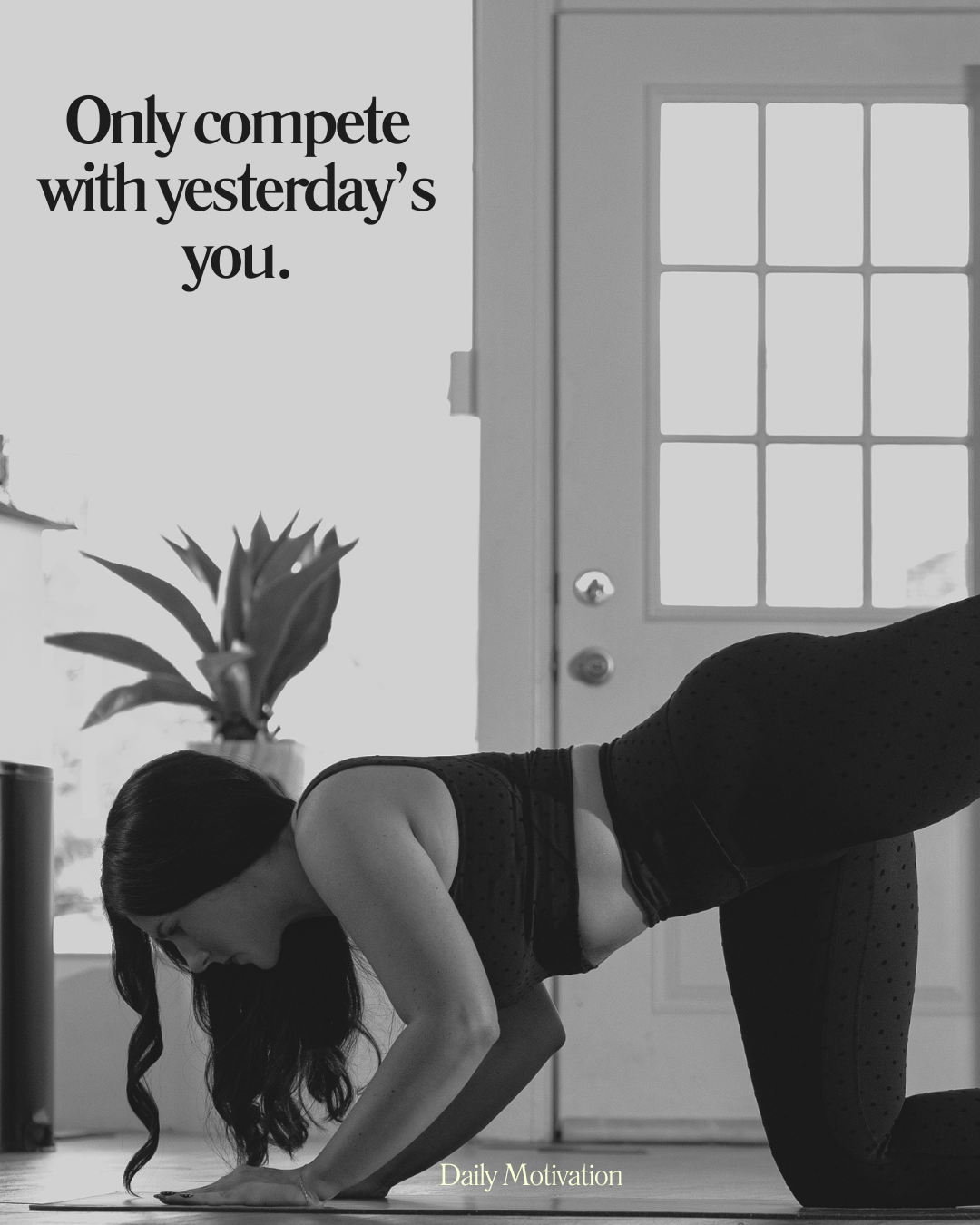 Black and white image sequence shows a person in workout clothes doing cat-cow yoga poses on a mat in a studio.