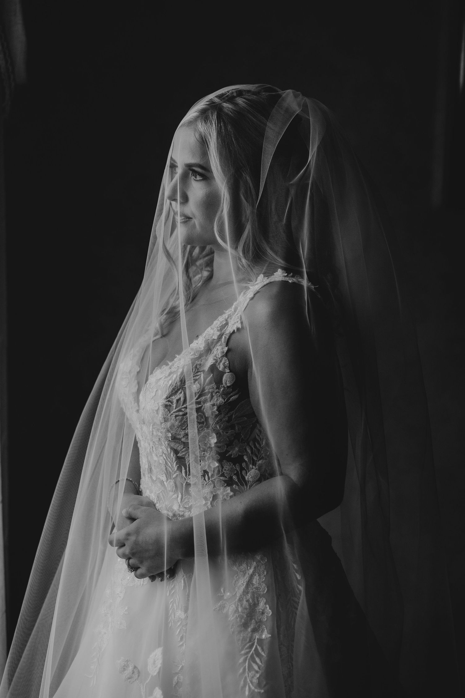 Elegant lace wedding dress details shown in dramatic black and white close-up photography.