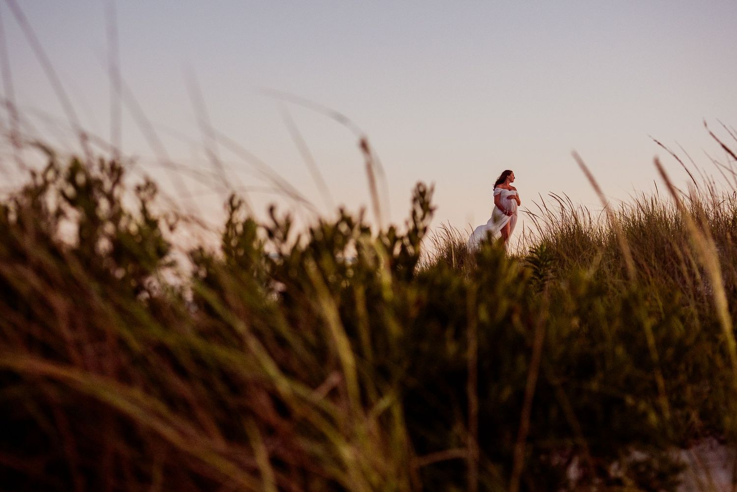 Silhouette of a figure standing among tall grass at sunset.