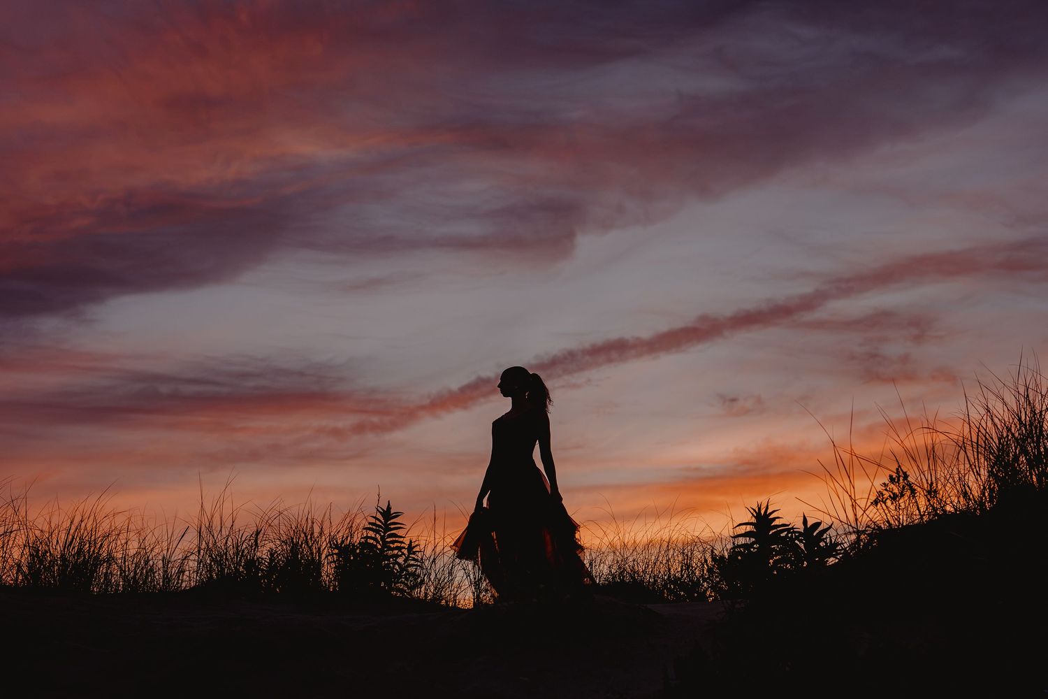 Silhouette of a woman in a dress standing in a field against a vibrant pink and orange sunset sky.