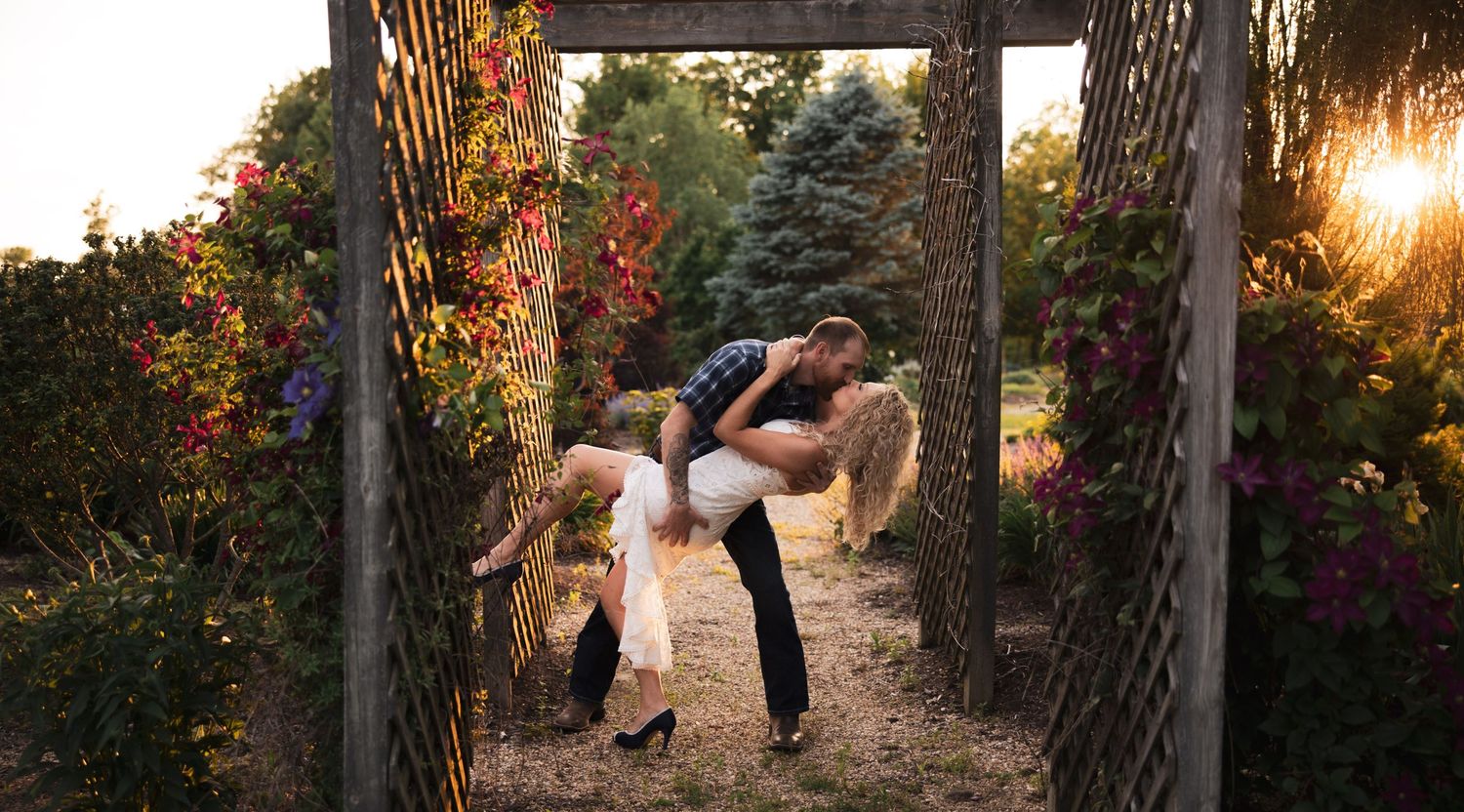 Sunset through trees creates golden light in outdoor garden setting.