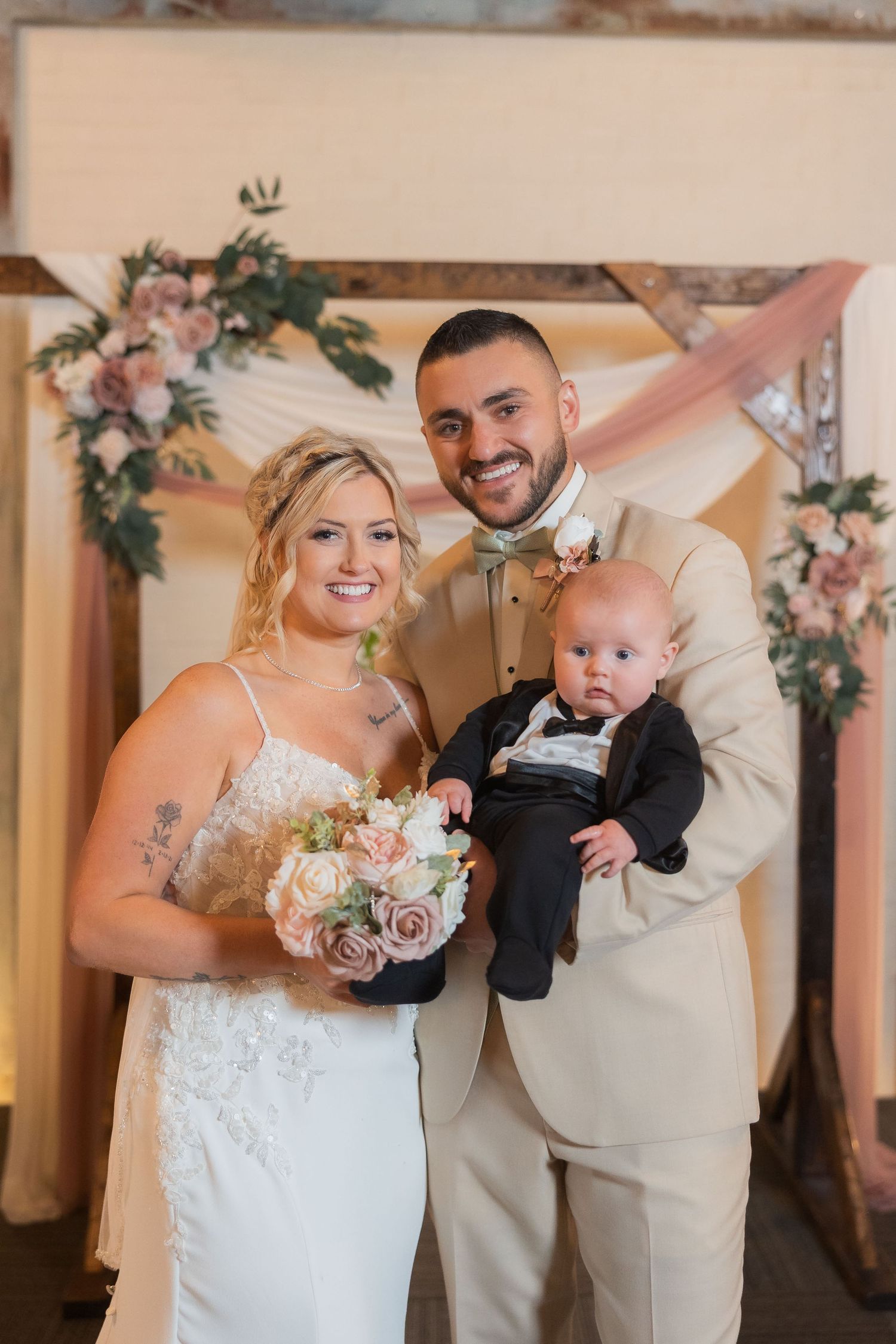 A series of wedding photos showing joyful moments between newlyweds and a small child in formal attire.