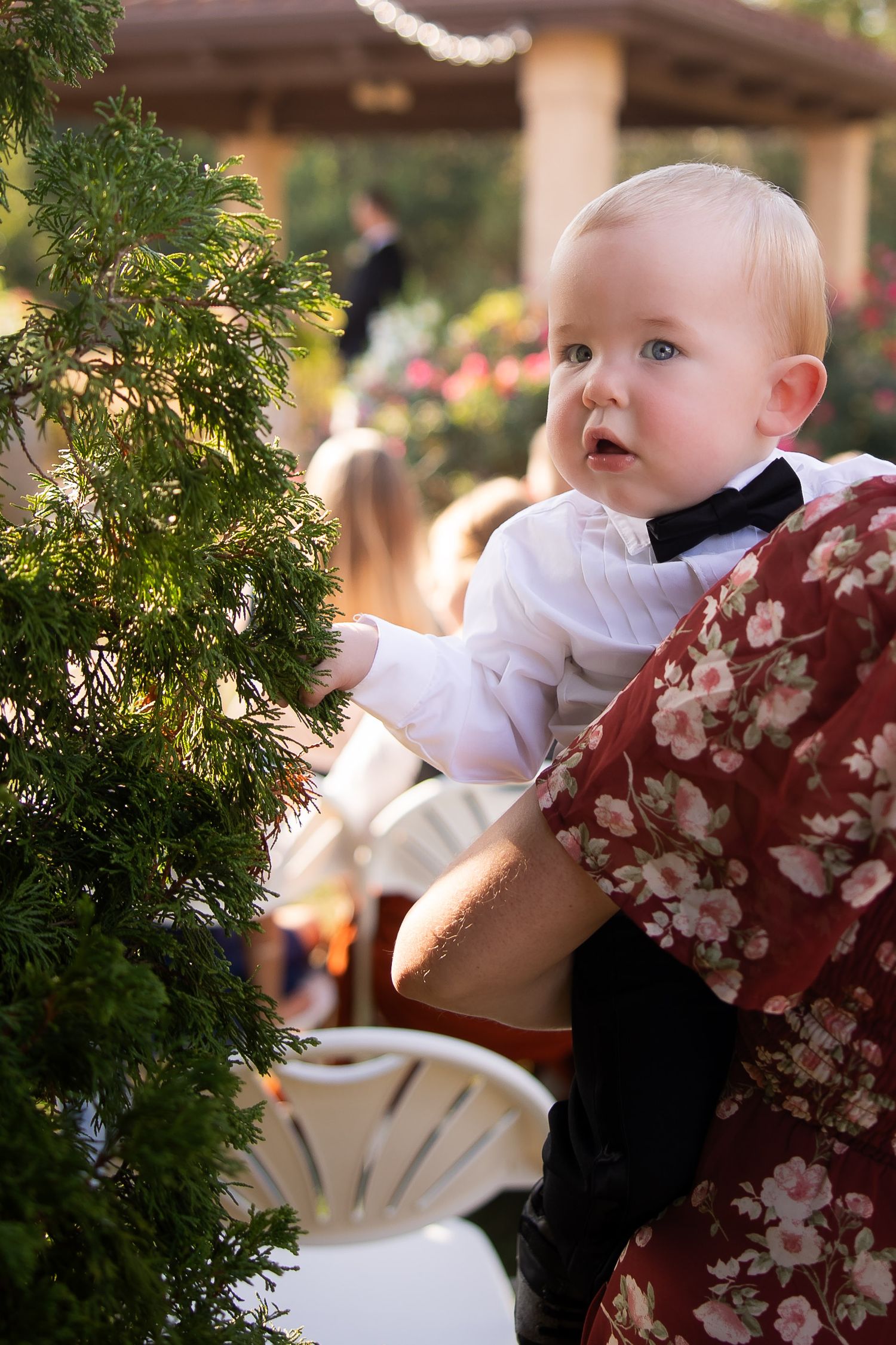 Baby in formal white attire sits at an outdoor wedding reception.