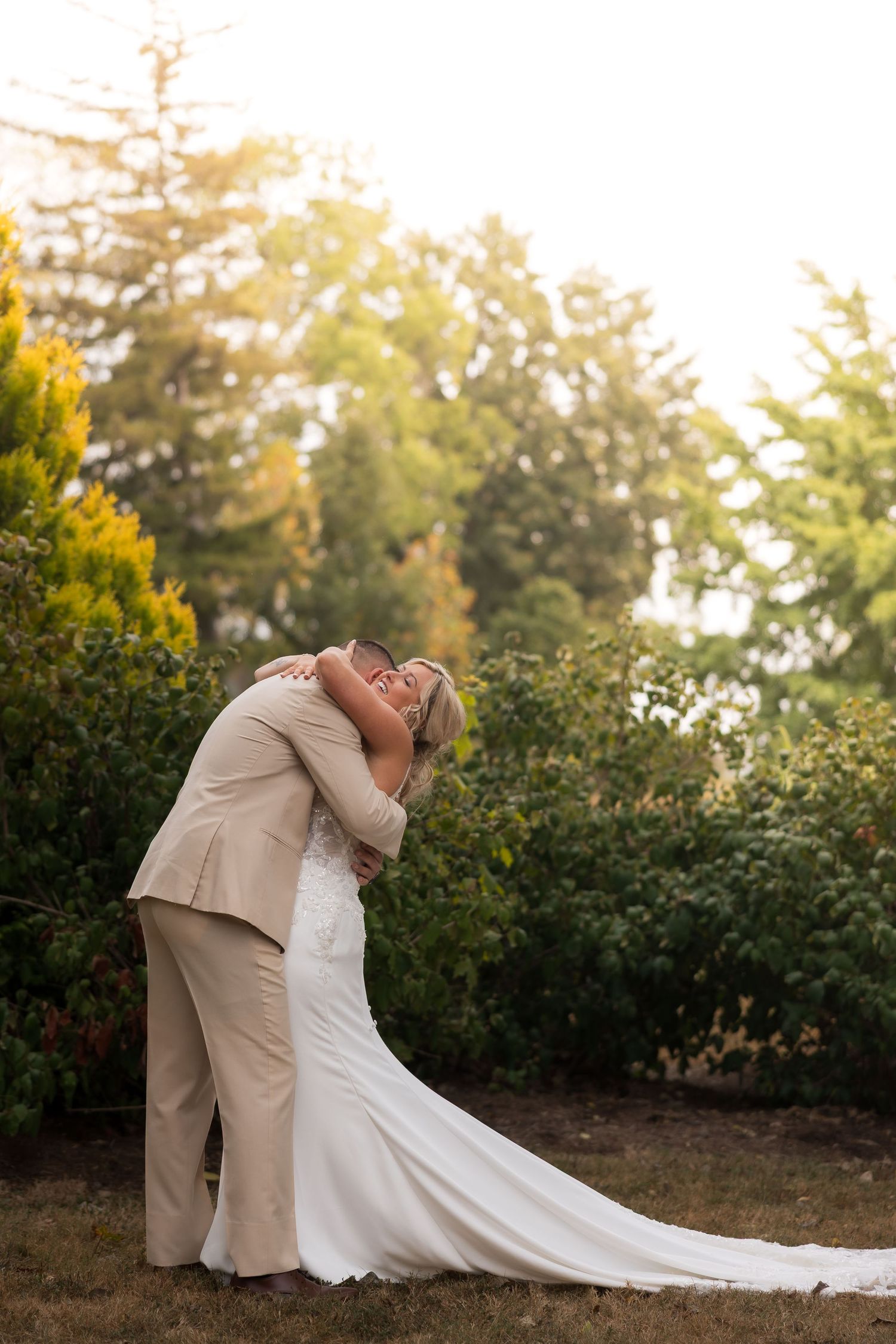 A series of romantic wedding photos at sunset showing the couple embracing in a garden setting with beautiful golden light.