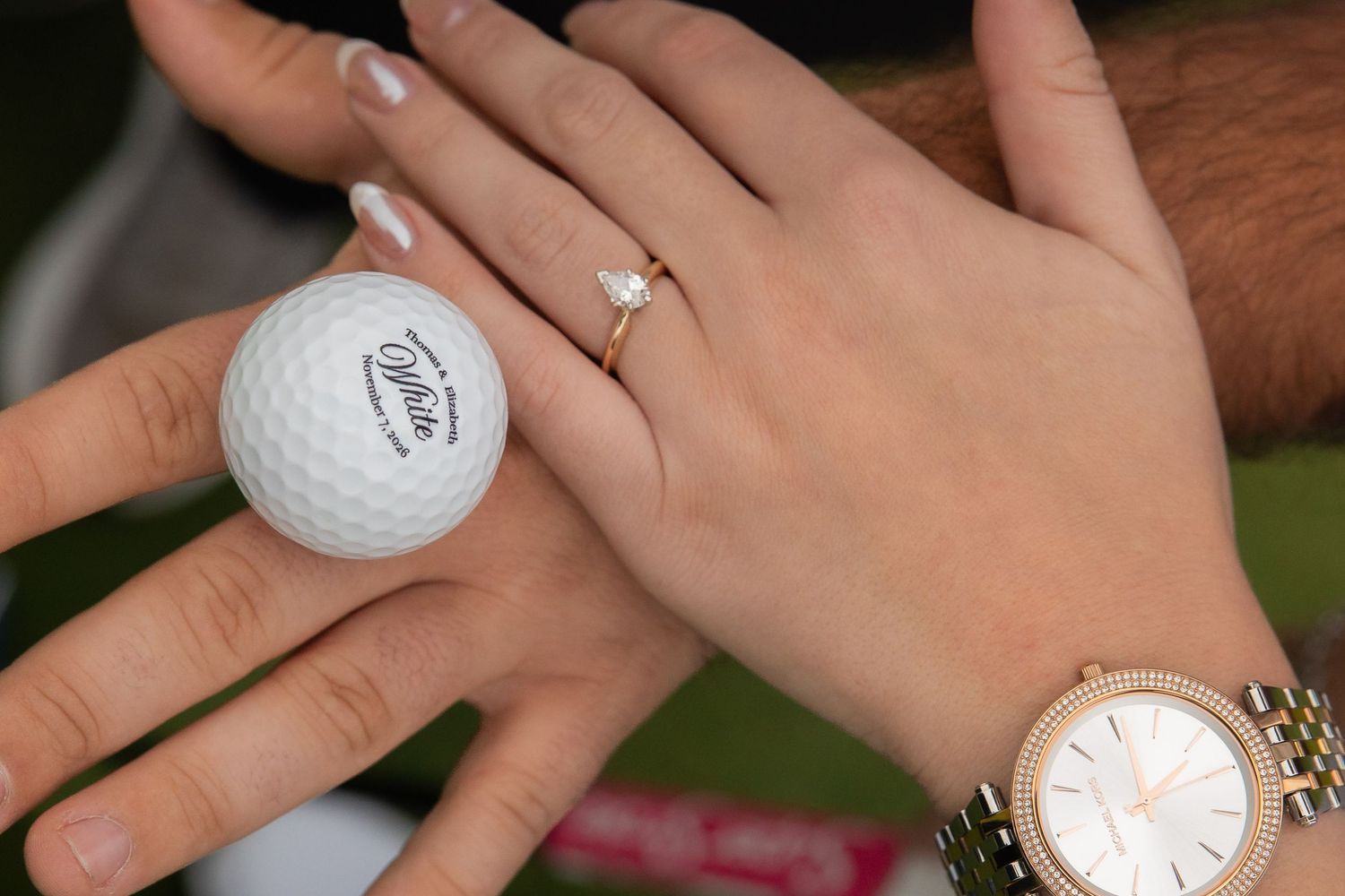 A collage of golf balls, hands with rings, and a rose gold watch displayed on various backgrounds.