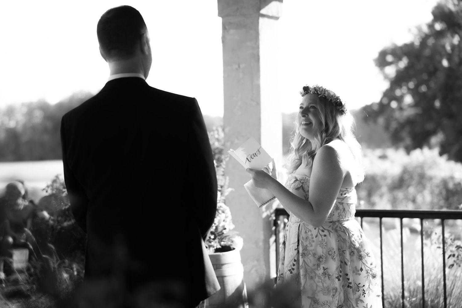 Black and white wedding photos showing silhouettes of couples against a bright outdoor backdrop.