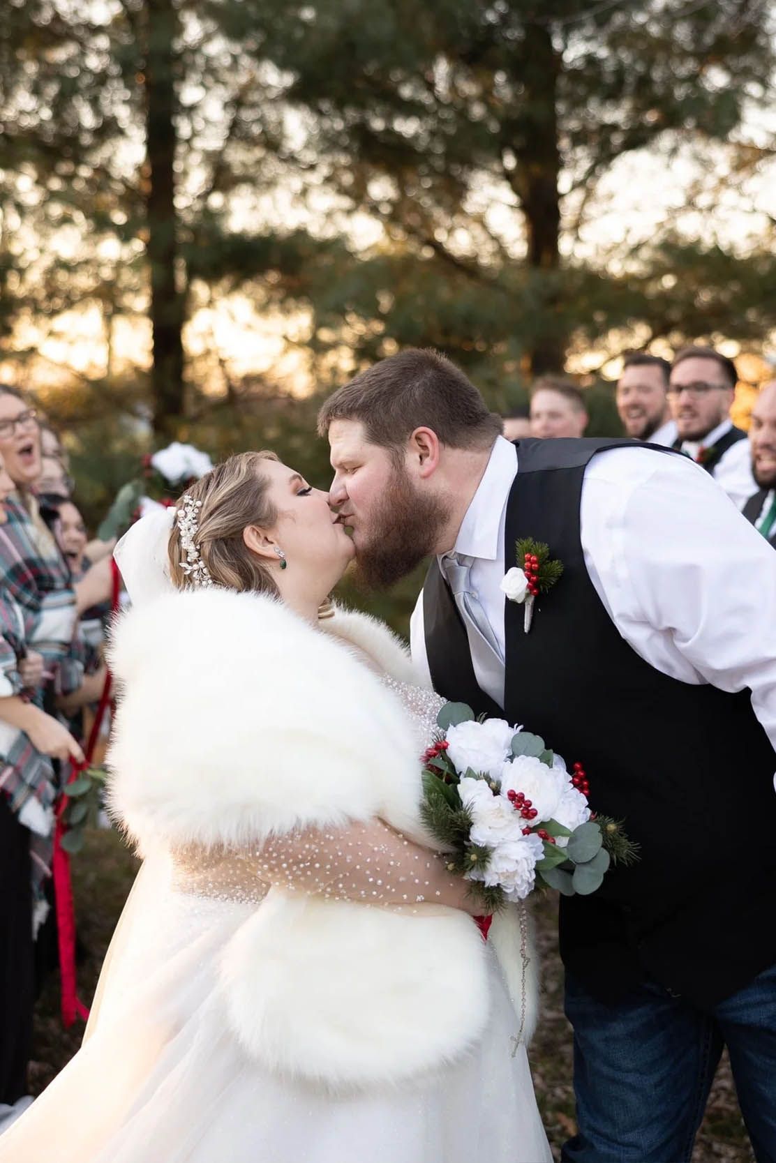 Winter wedding sequence showing couple in white fur wrap sharing romantic moments outdoors.