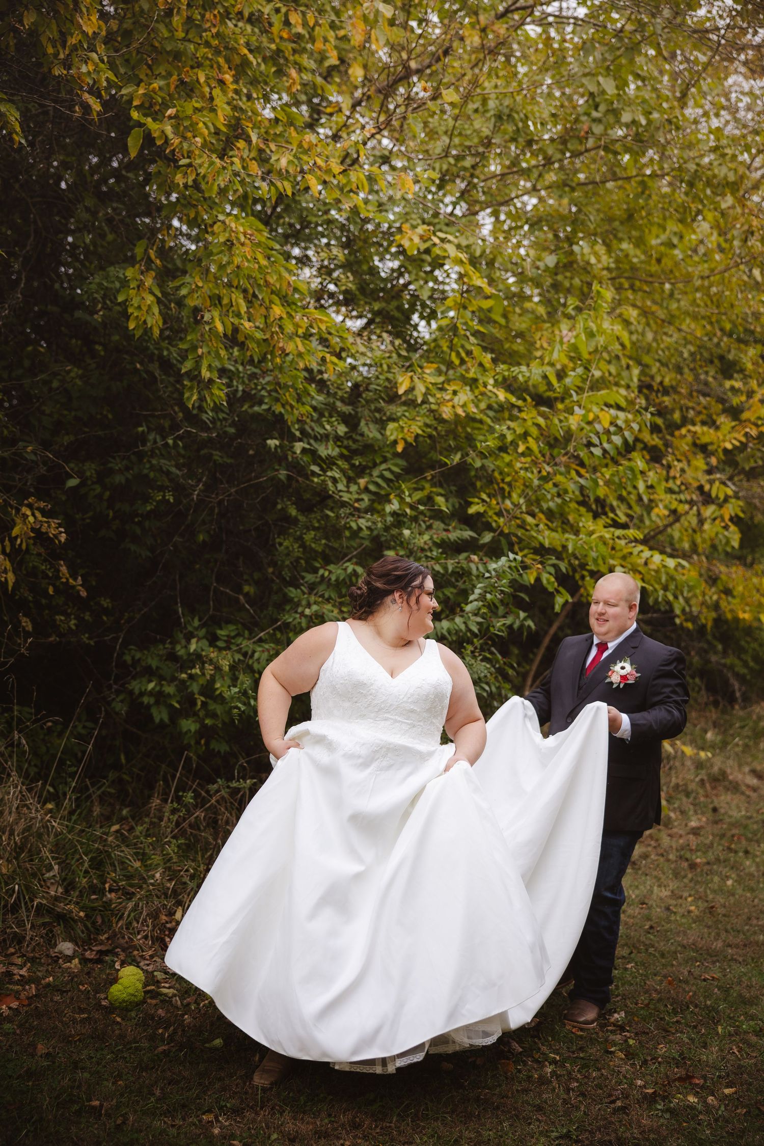 A sequence of wedding photos showing a couple playfully posing in a wooded autumn setting.