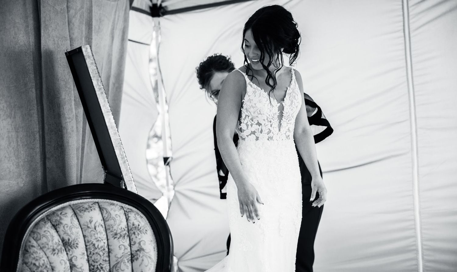 Series of black and white wedding moments captured against white backdrop.