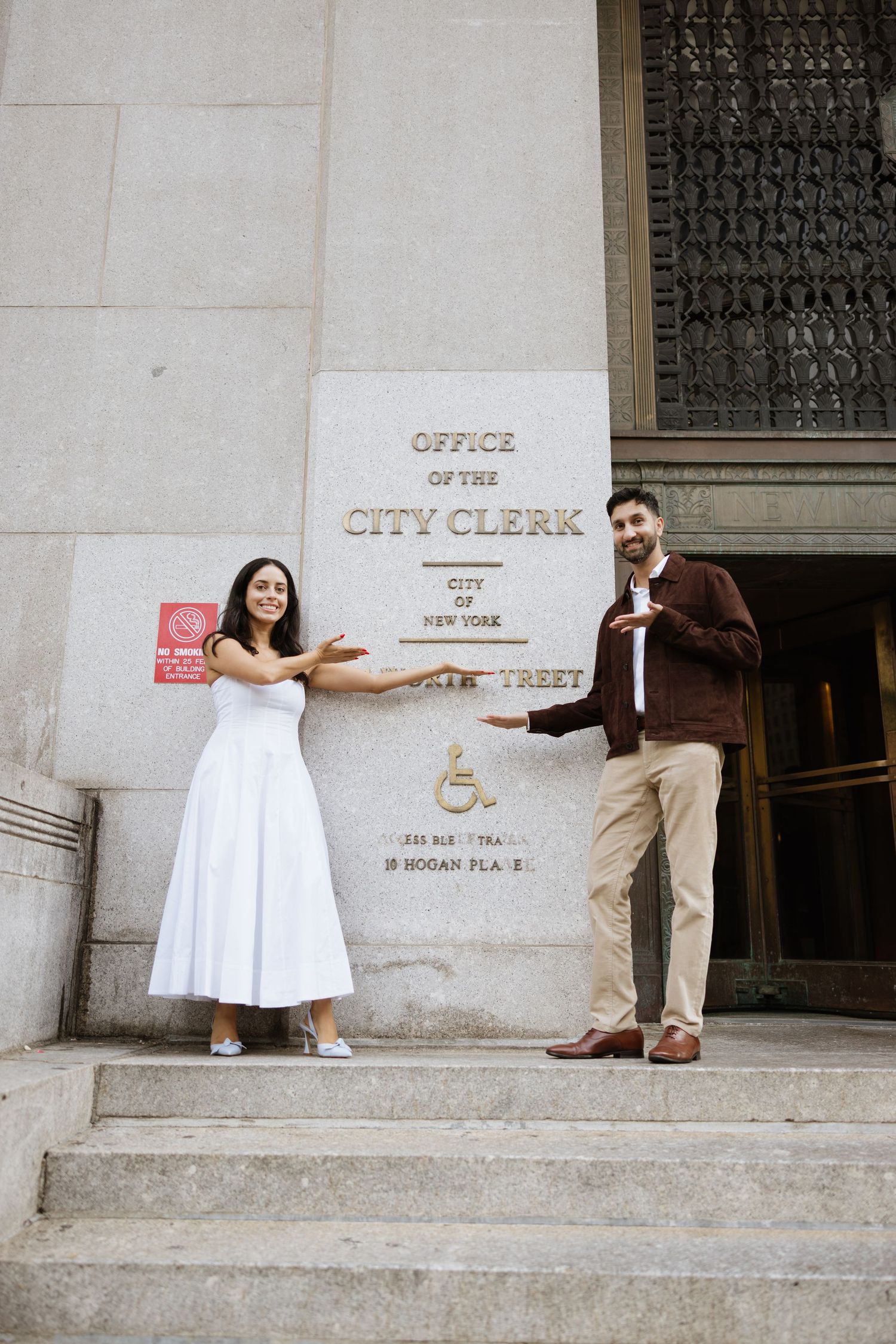 A couple sits on concrete steps outside a city clerk office building in a multi-panel photo sequence.