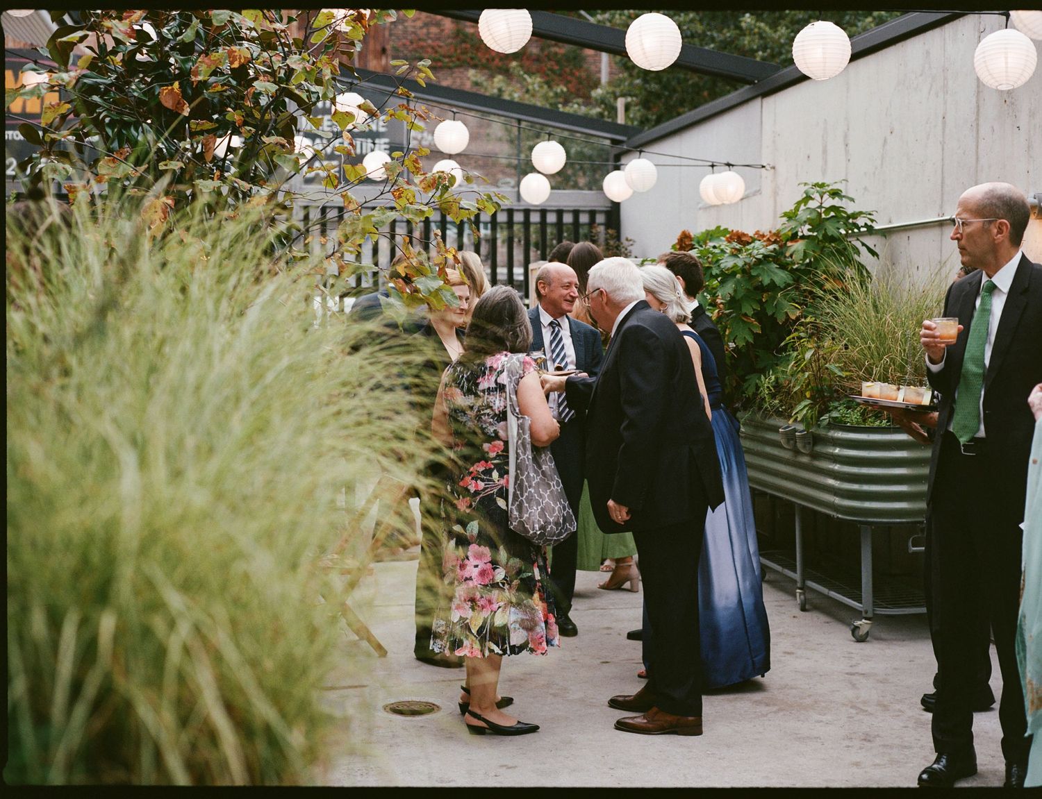 Guests mingle at an outdoor wedding reception with white paper lanterns and lush greenery decorations.